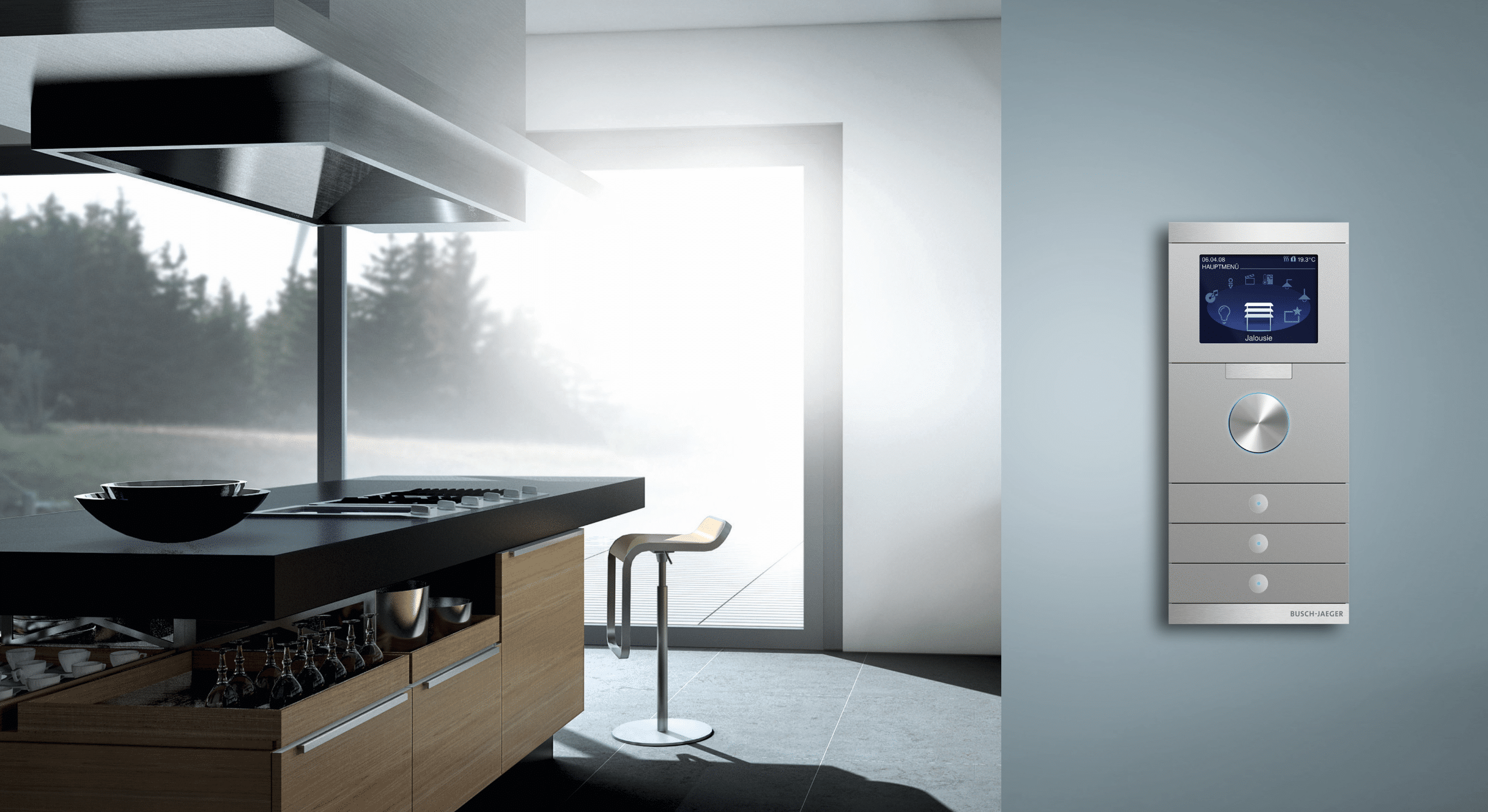 ABB - Busch-Jäger zeigt eine Küche mit dunklen Arbeitsflächen, Wandsteuerung für Elektrogeräte.