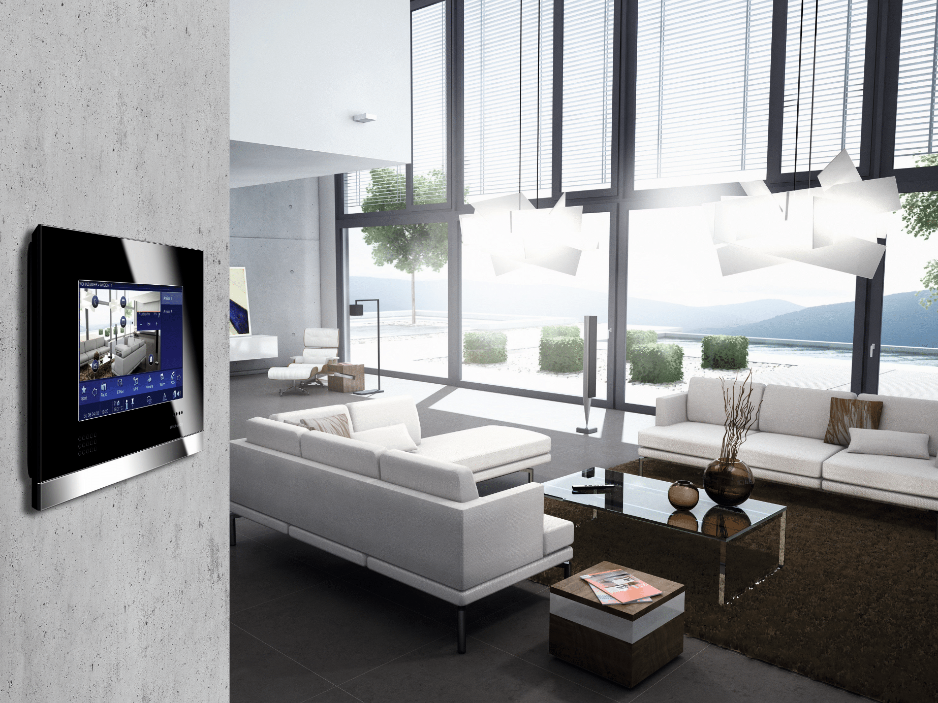 ABB - Busch-Jäger zeigt ein sehr modernes Wohnzimmer mit schwarzer Wandsteuerung und Kamera für Jalousien.