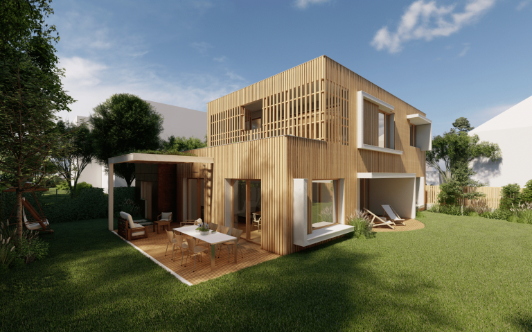 Einfamilienhaus mit Balkon, überdachter Terrasse, Garten und Fassadenelementen aus Holz von AL Architekt ZT.