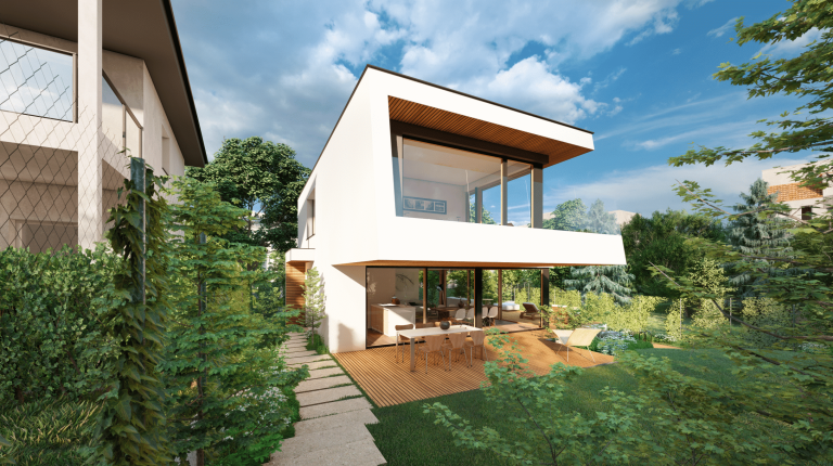 AL Architekt ZT zeigt ein sehr modernes Haus aus Holz mit Flachdach, einer Terrasse mit Holzboden mit einer Essgruppe und großen Glasflächen.