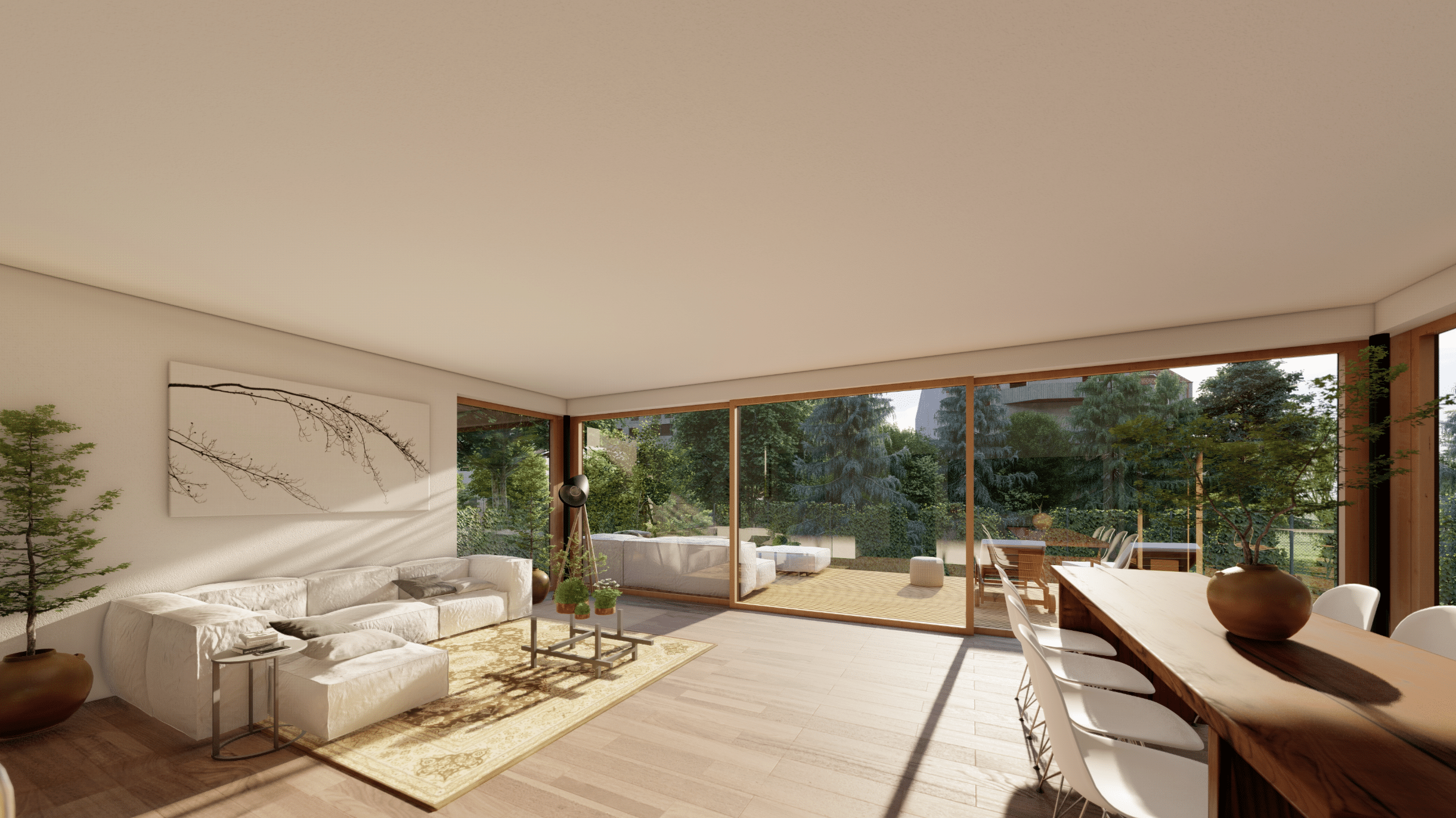 AL Architekt ZT zeigt ein vollverglastes Wohnzimmer in Naturtönen, einer weissen Couch und einer langen Tafel mit weissen Stühlen.