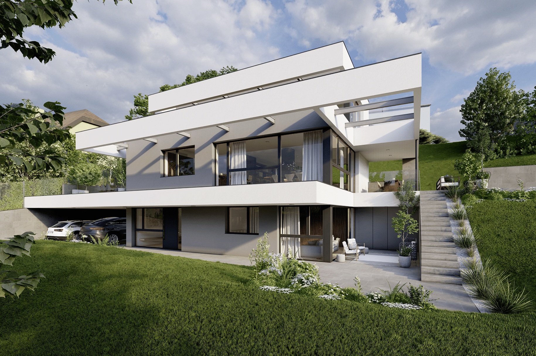 AL ARCHITEKT ZT GmbH zeigt ein sehr modernes Haus in Hanglage mit toller Architektur. Große Fensterflächen bringen viel Licht in das Flachdachhaus.