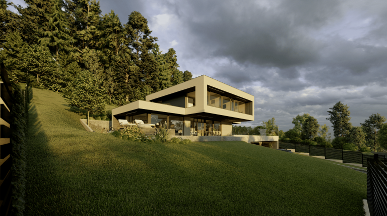 Hanggebaute Villa mit Carport, Außenaufgang, Fixverglasung und überdachter Terrasse von AL Architekt ZT.