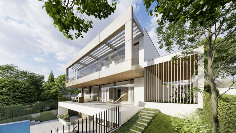 Moderne Villa mit überdachtem Balkon, Glasgeländer, Terrasse, Garage und Pool von AL Architekt ZT.