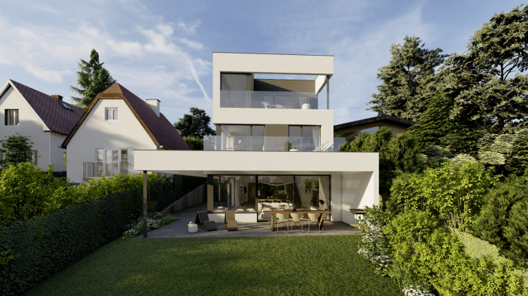 Moderne zweistöckige Villa mit Balkon, Glasgeländer, Garten und überdachter Terrasse von AL Architekt ZT.