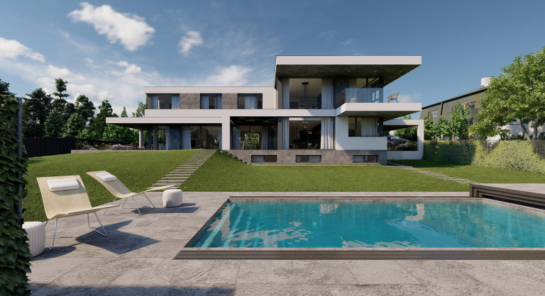 Modernes Flachdach-Wohnhaus mit Glasgeländer Balkon und Außenstiege zum Pool in weitläufigem Garten von AL Architekt.