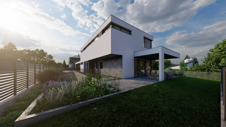 Modernes Flachdach-Wohnhaus mit überdachter Terrasse und stilvoller Blumenbeetumrandung von AL Architekt.