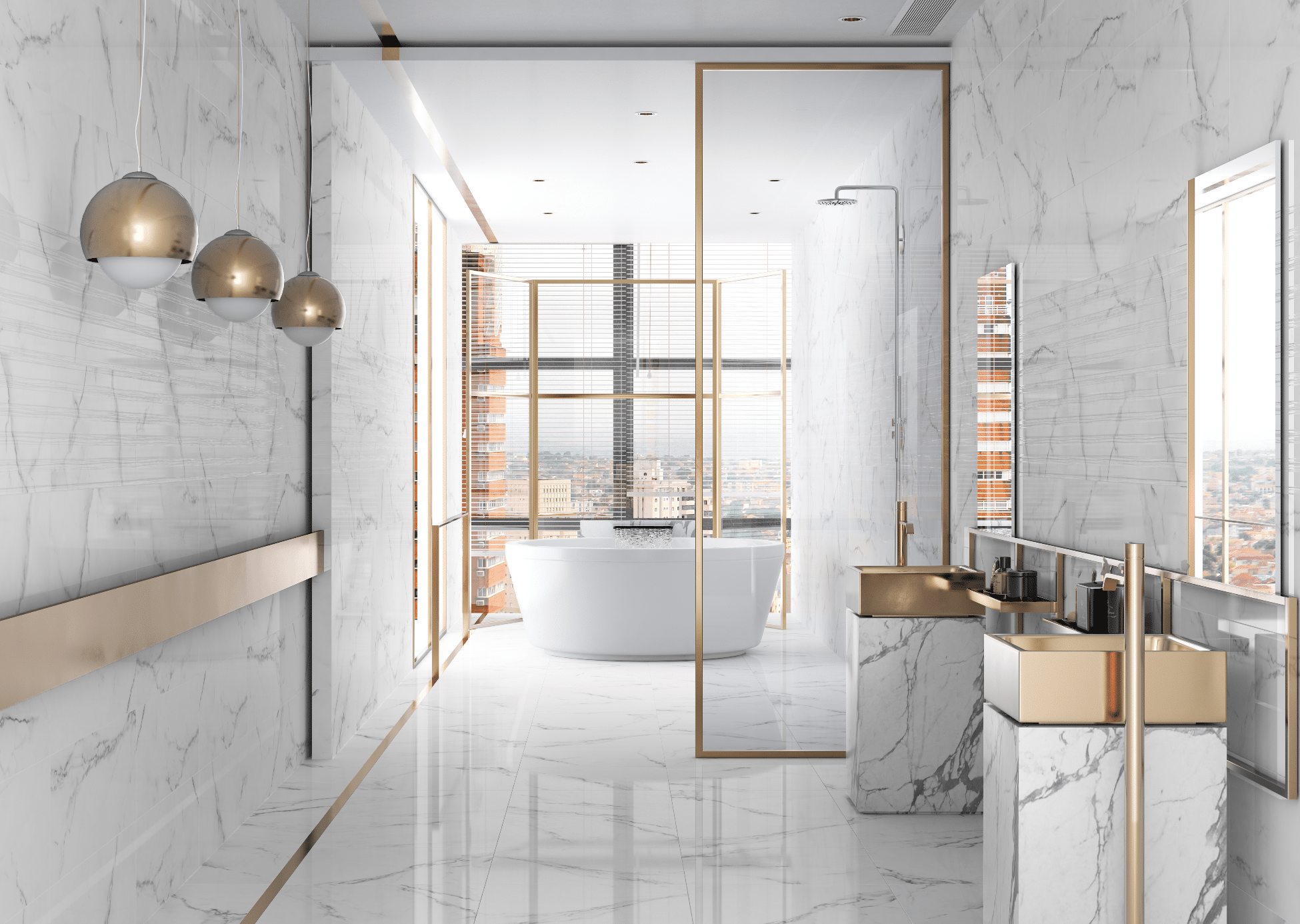 C. Bergmann zeigt ein marmoriert gefliestes Badezimmer in weiss und schwarz mit goldenen Waschtischen und einer weissen freistehenden Badewanne von Argenta Ceramica.