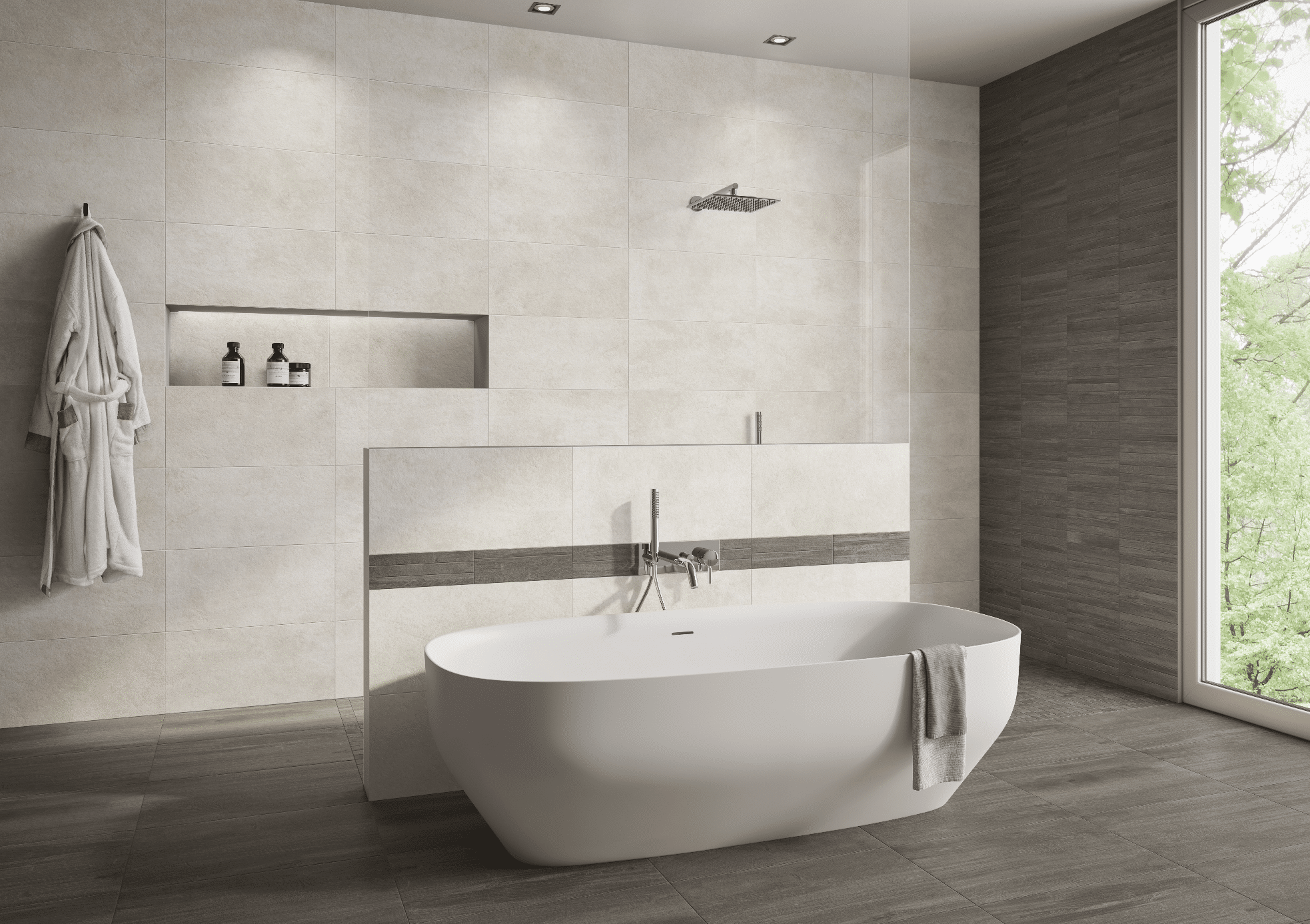 C. Bergmann zeigt ein gefliestes Badezimmer mit grossen, rechteckigen Fliesen, einer freistehenden weissen Badewanne und offener Dusche von Engers.