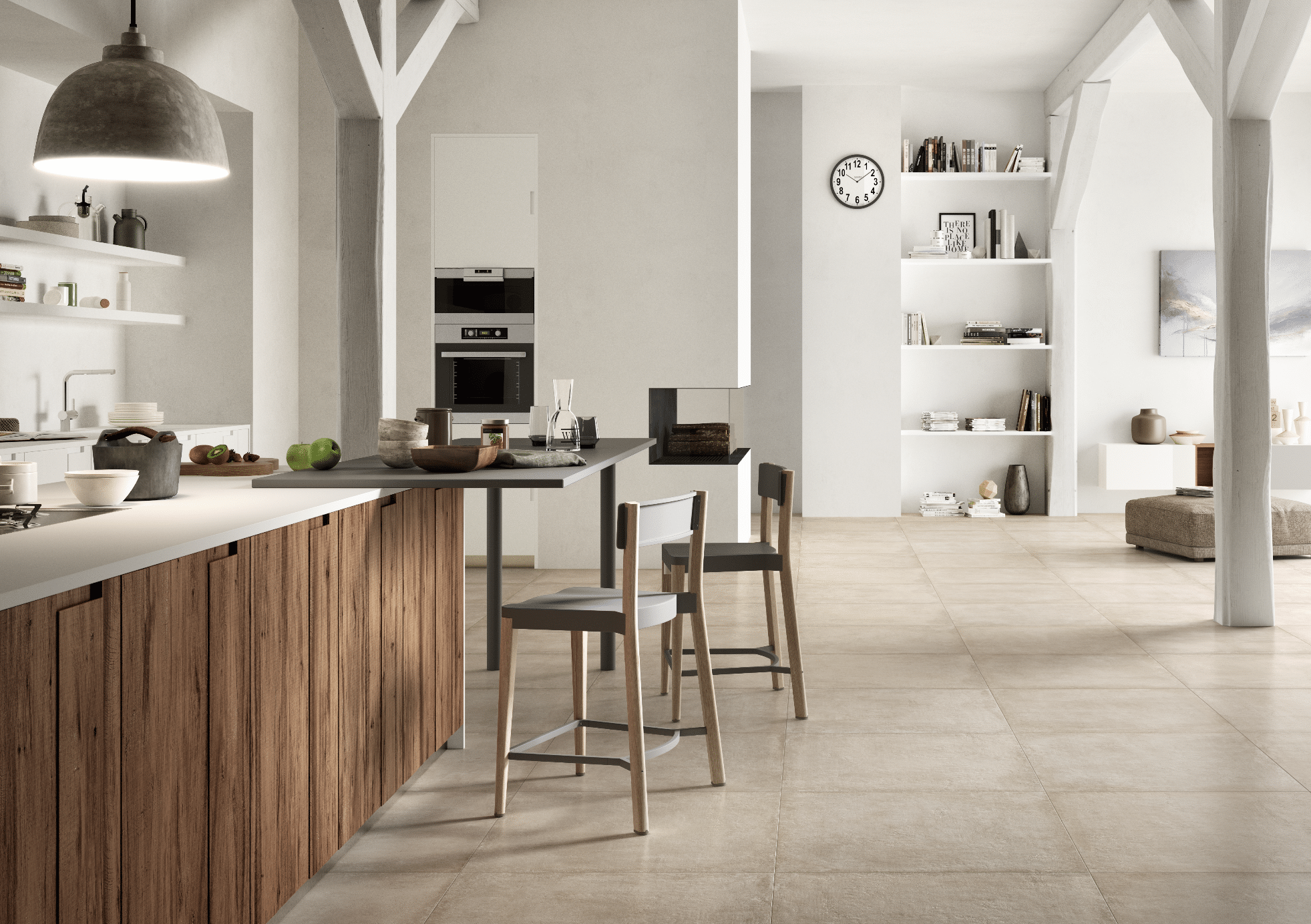 C. Bergmann zeigt eine weisse Küche mit Holzelementen, hellem Fliesenboden und Essbereich mit grauer Tischplatte und grauen hohen Stühlen von Marazzi.