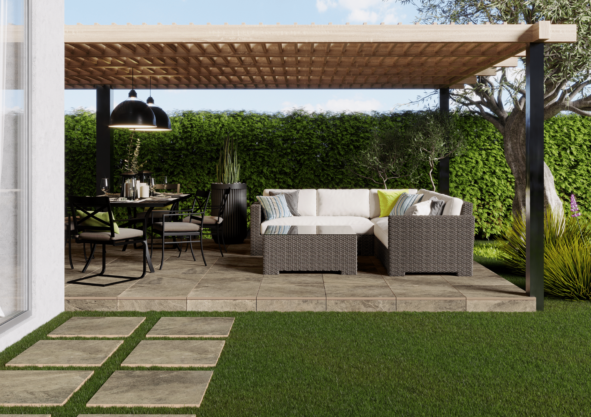 C. Bergmann zeigt einen gepflegten Garten mit Steinplatten einer überdachten Terrasse mit Fliesenboden, einer Sitzgruppe und einen gemütlichen Loungebereich mit Rattanmöbeln von Cerrad.