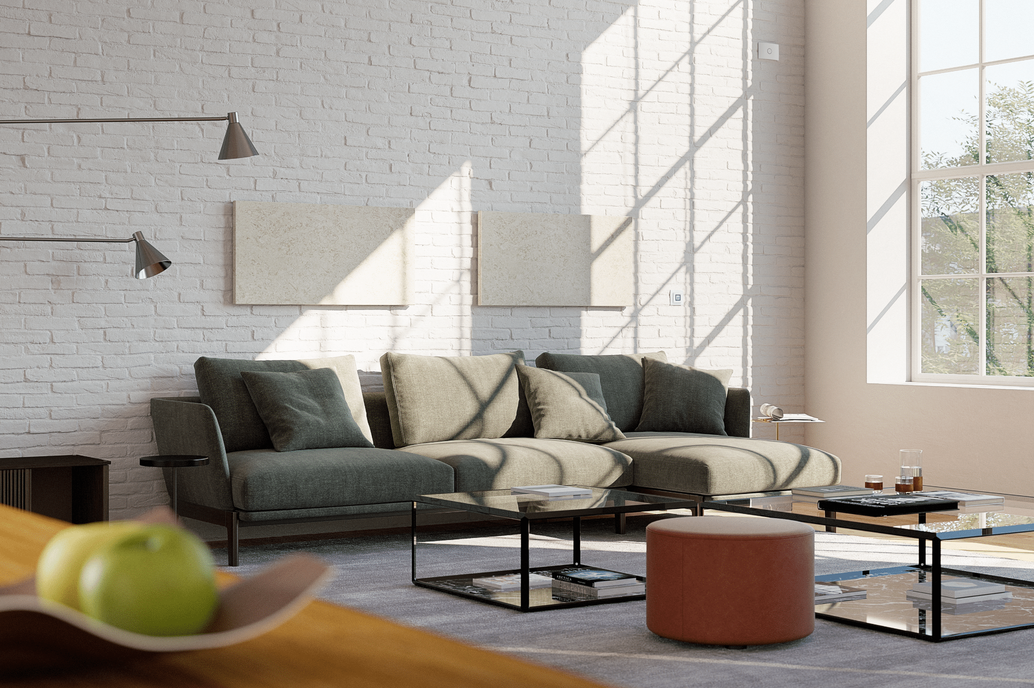 Dimplex zeigt ein modernes Wohnzimmer im Industrial Style mit einer Betonwand, dunkelgrüner Sitzlandschaft und einer Fussbodenheizung die unter dem Holzboden verlegt wurde.