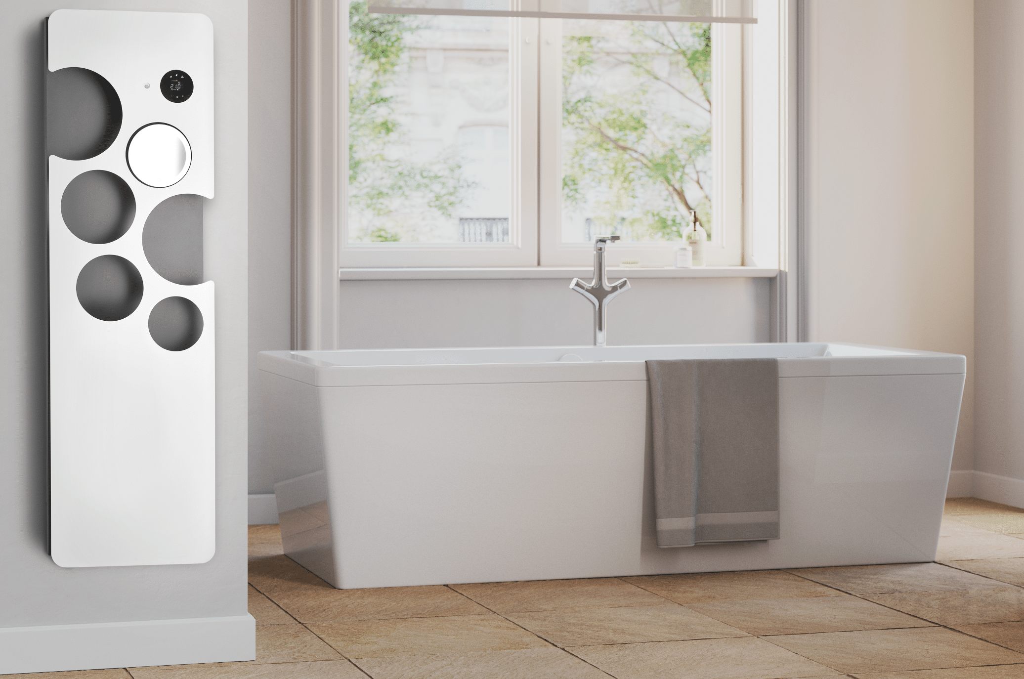 Dimplex zeigt ein lichtdurchflutetes Badezimmer mit einer weissen, freistehenden Badewanne, beigem Fliesenboden und einem modernen Heizkörper mit Kreisen. der an der Wand montiert ist.