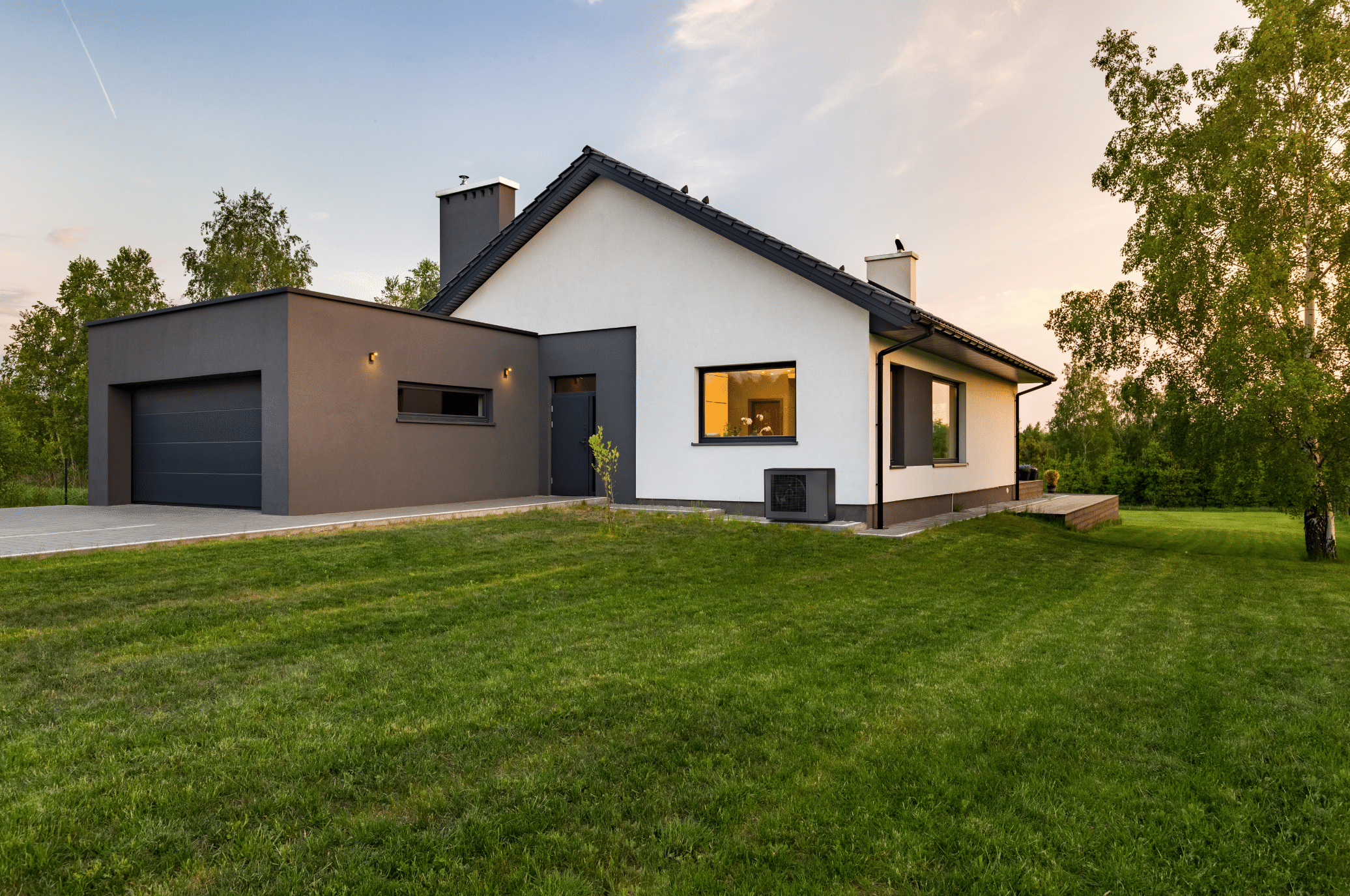Dimplex zeigt ein Einfamilienhaus mit angebauter Garage, einem schwarzem Garagentor und einer außen angebrachten, schwarzen Wärmepumpe zum Temperieren des Hauses.