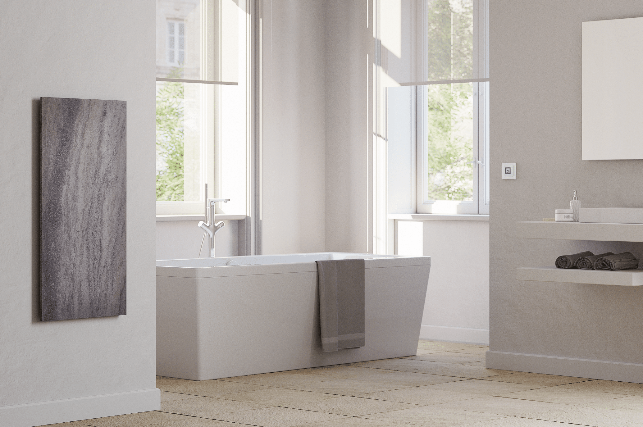 Dimplex zeigt ein helles Badezimmer mit beigem Fliesenboden, freistehender Badewanne mit silbernen Armaturen und einem eckigen Waschtisch mit modernem, an der Wand angebrachten Heizkörper mit Muster.