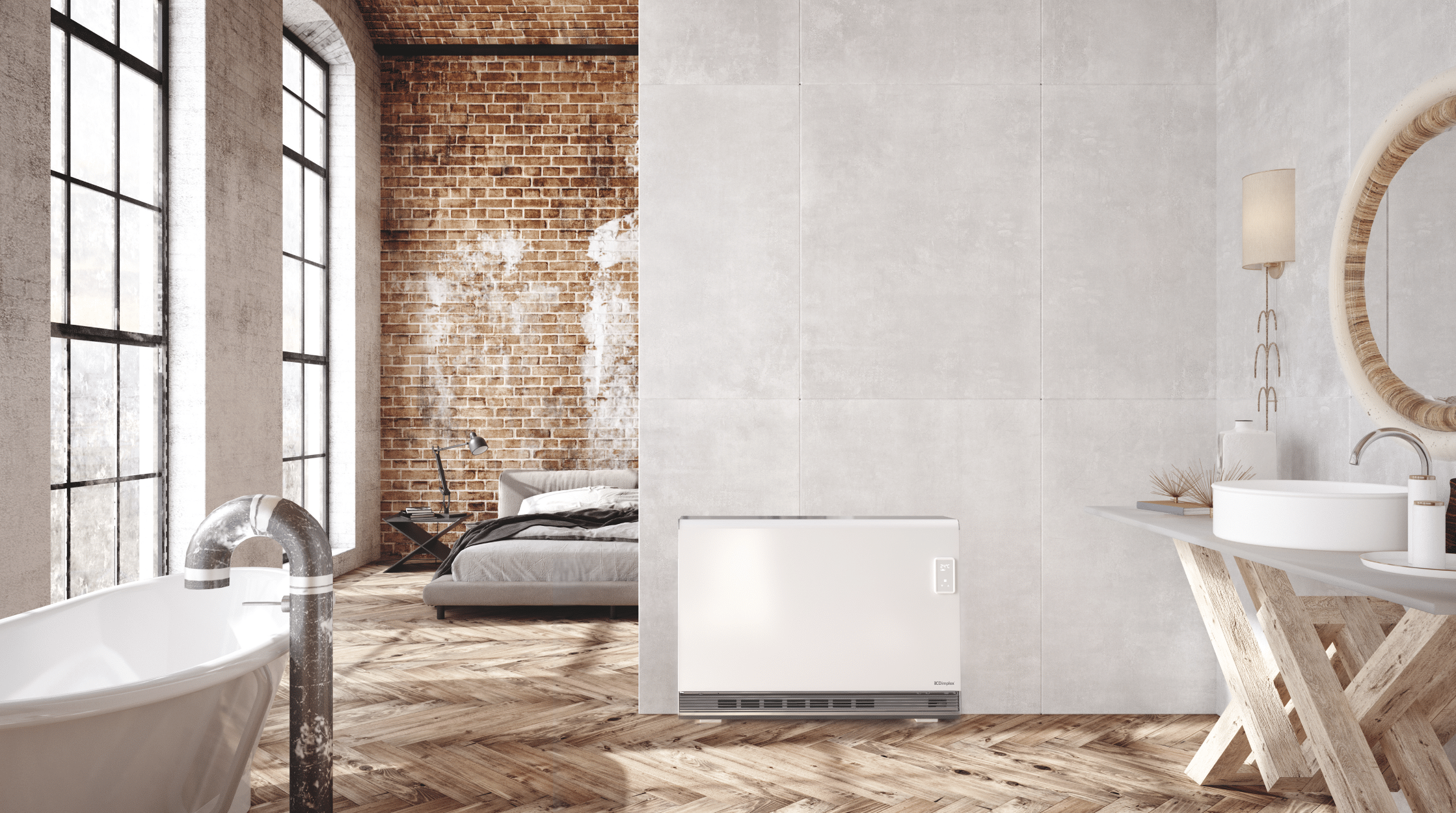 Dimplex zeigt eine offene Loftwohnung mit schönem Holzboden, Schlafbereich und Badezimmer mit einer freistehenden Badewanne mit Rohr im Industrial Look und einer weissen, eckigen Wärmepumpe an der Wand.