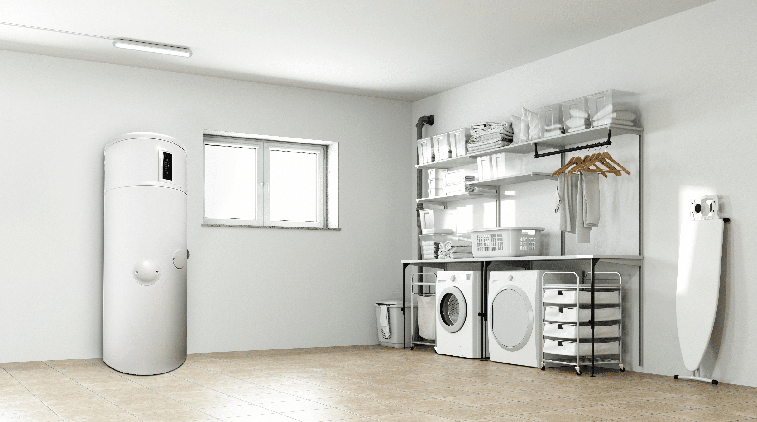 Dimplex zeigt eine geflieste Waschküche mit einer Waschmaschine und Trockner und viel Stauraum für Wäsche mit einem runden Warmwassersystem in weiss an der Wand.