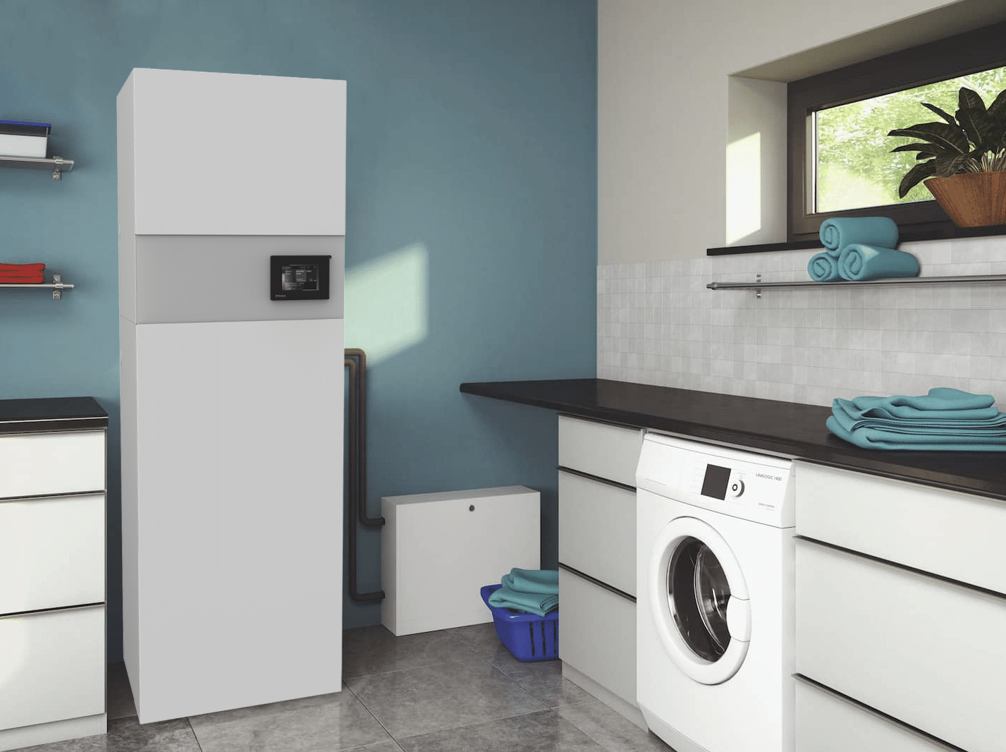 Dimplex zeigt eine Waschküche mit gefliestem Boden und blauen Wänden, mit einer Waschmaschine und viel Stauraum für Wäsche mit einem eckigen Warmwassersystem in weiss an der Wand.