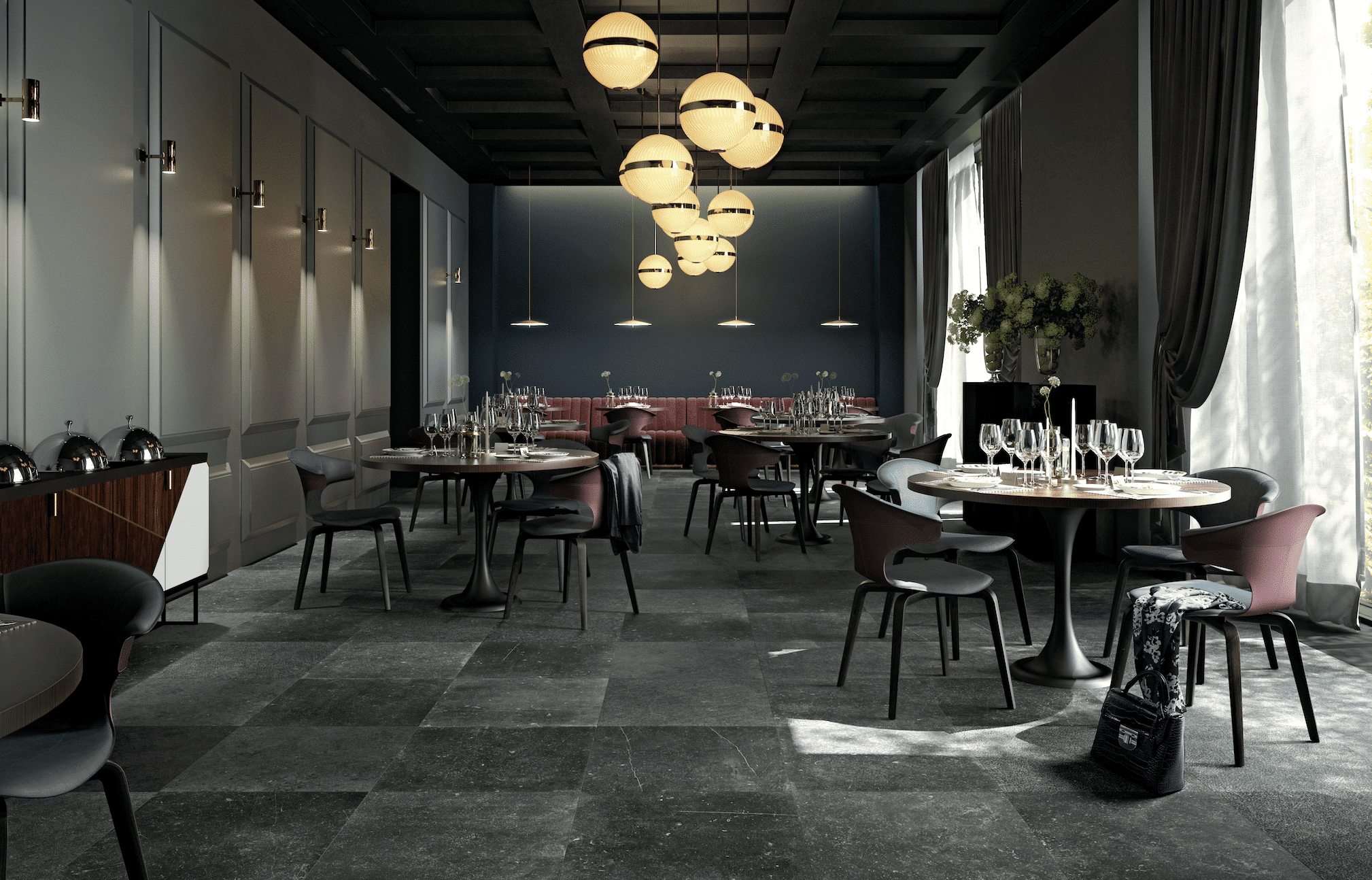 Felbermair Keramik zeigt Mirage dunkle Keramikfliesen in einem eleganten Restaurant.