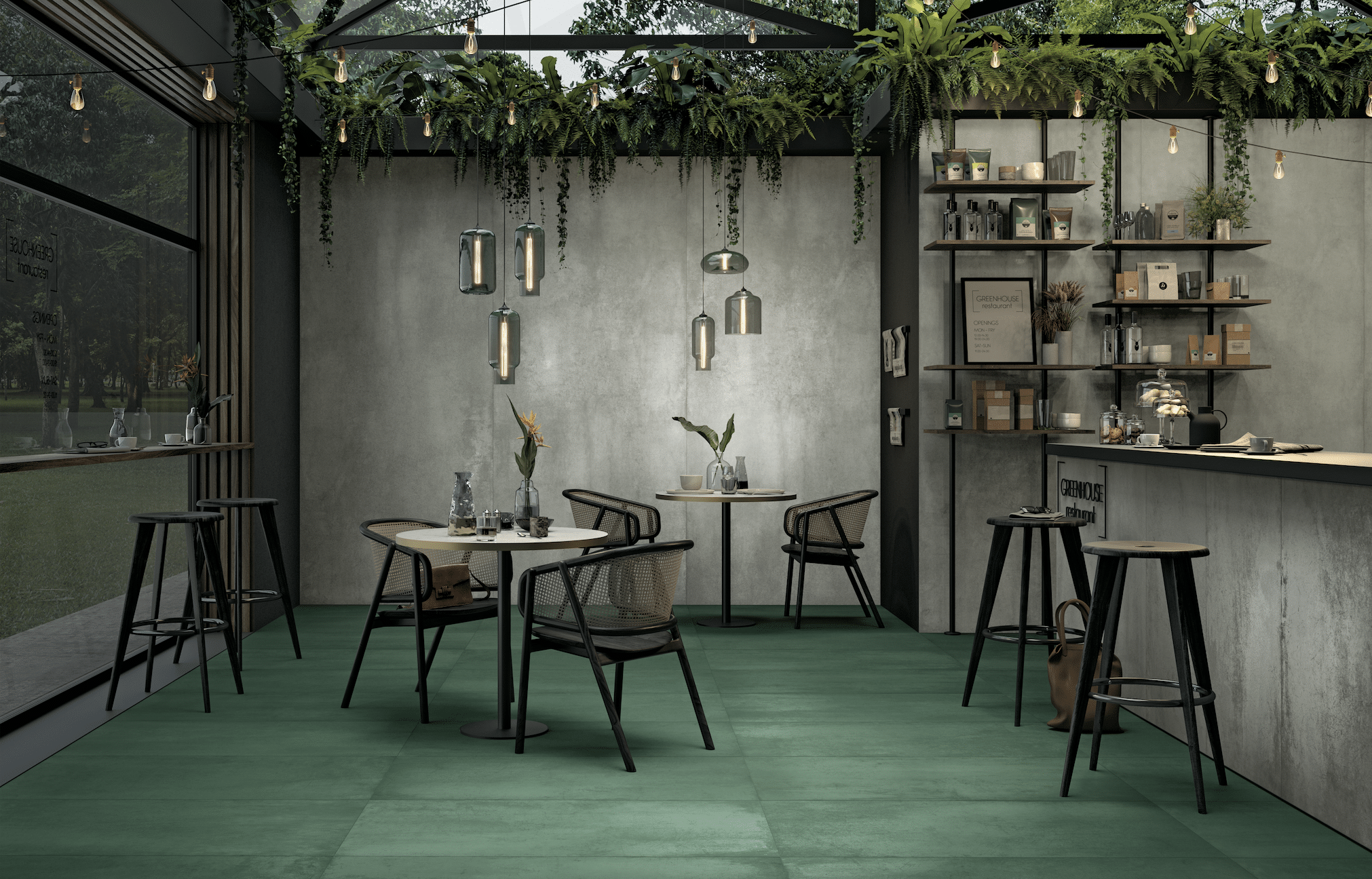 Felbermair Keramikwelt zeigt ein Café mit grünen Steinbodenplatten und grauer Wandverkleidung von Mirage.