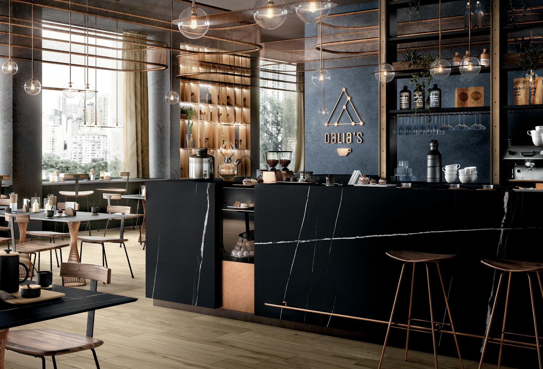 Felbermair zeigt eine Cafébar mit elegantem Keramiktresen und Wandverkleidung aus Platten.