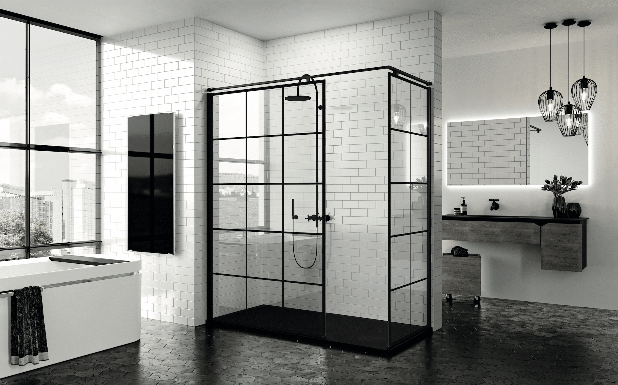 Fliesendorf zeigt eine Badezimmer mit großer Walkin-Dusche, Badewanne und Waschtisch in schwarz-weißem Design.