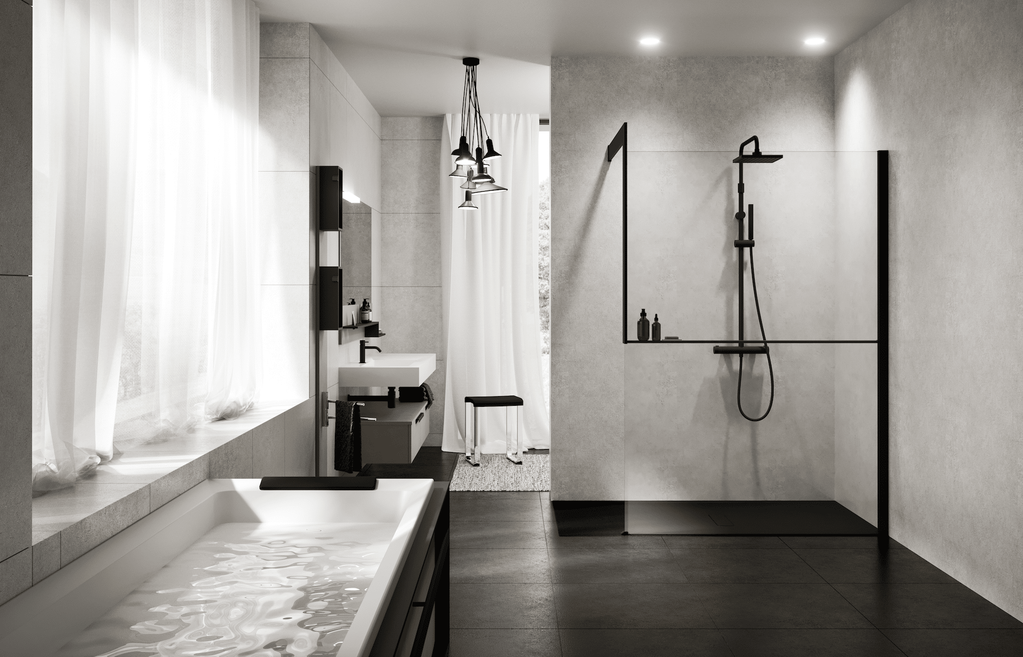 Modernes Badezimmer mit Walk-In-Dusche und Badewanne und dunklen Bodenfliesen von Fliesendorf.