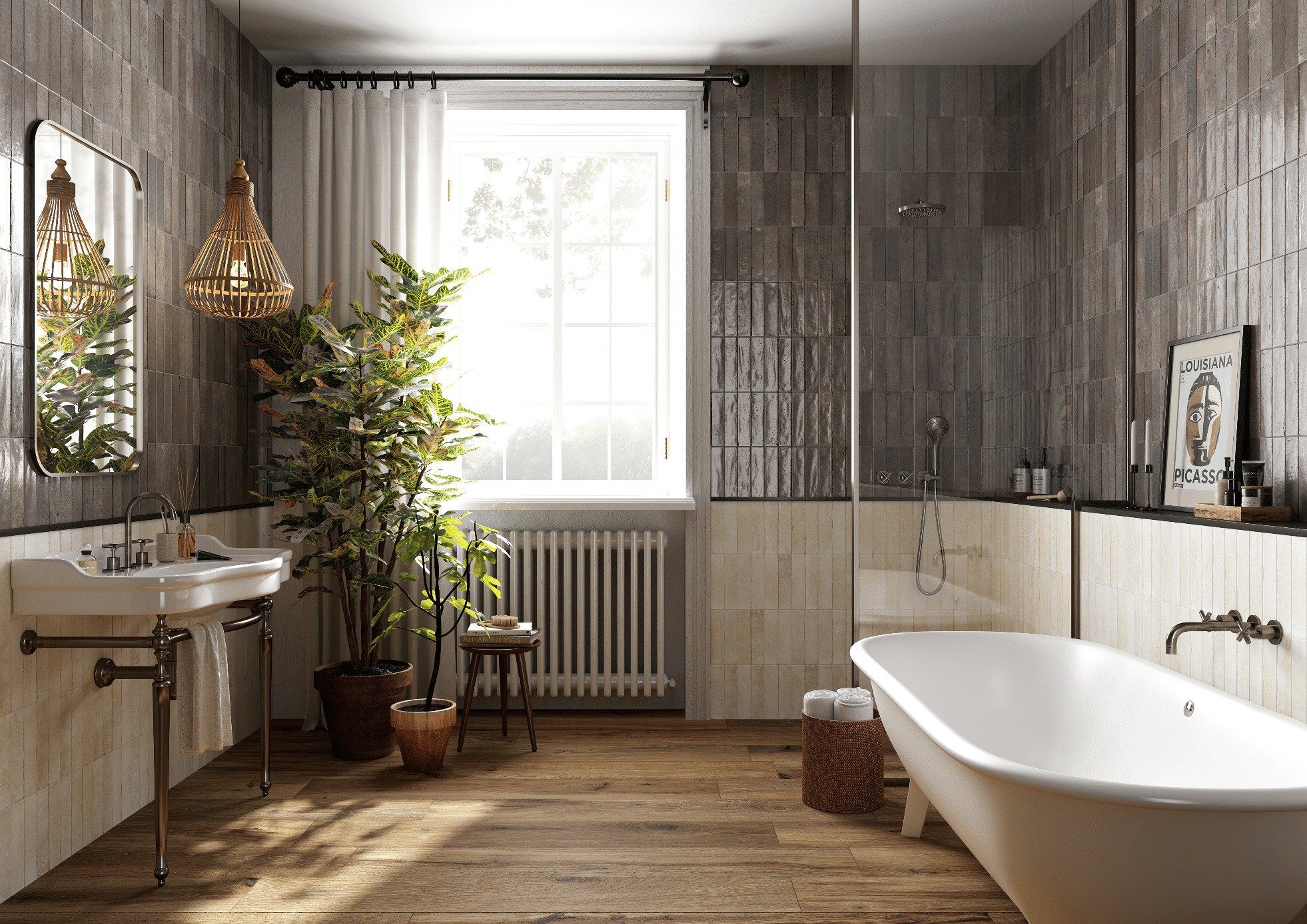 Fliesendorf zeigt ein Badezimmer mit Holzboden, einer weissen Badewanne, grauen und beigen Fliesen an der Wand, einer Glaswand bei der Dusche und einem großen Fenster.