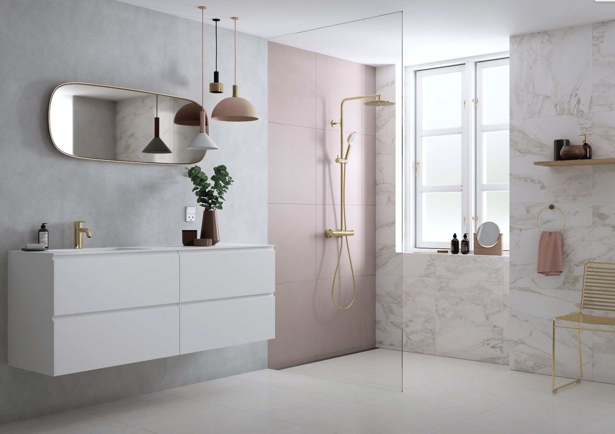 Fliesendorf zeigt ein Badezimmer mit hellen, marmorierten Fliesen an der Wand und rosa gefliester, offener Dusche mit Glaswand und weissem Waschtisch mit Kommode.