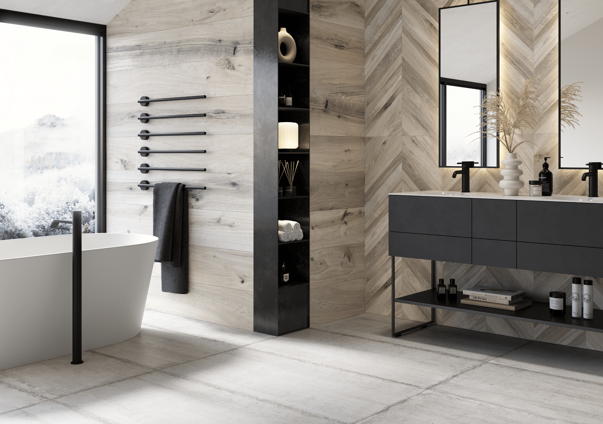Fliesendorf zeigt ein Badezimmer mit großen, rechteckigen Fliesen am Boden und Holzverkleidung an der Wand mit einem Doppelwaschtisch in schwarz mit zwei Spiegeln.