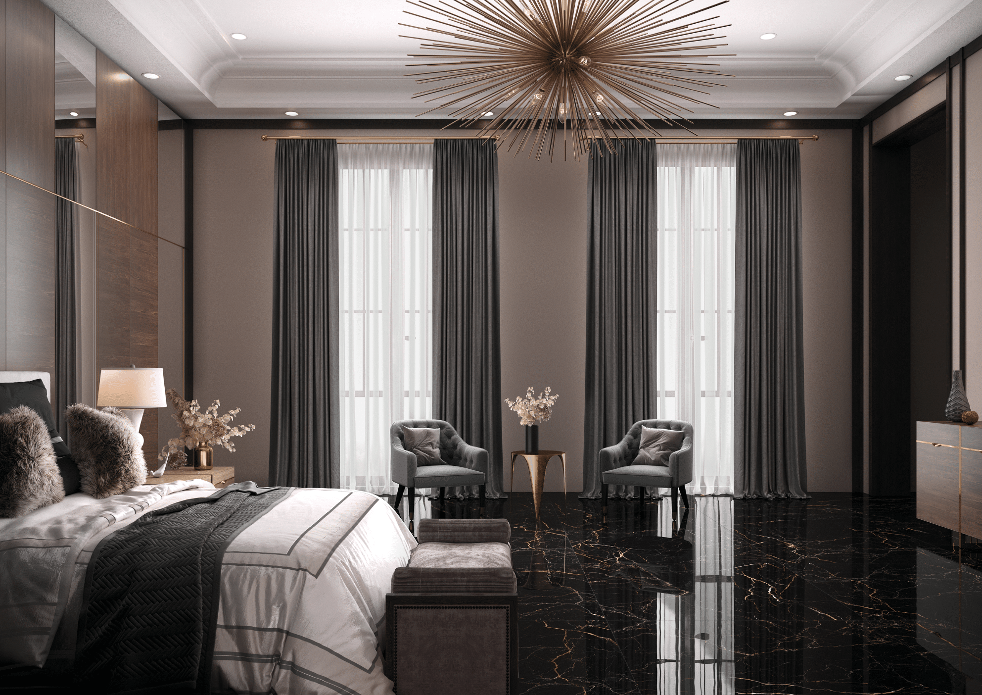 Fliesendorf zeigt ein edles Schlafzimmer mit schwarz-gold marmoriertem Fliesenboden, einem Doppelbett und einer extravaganten Deckenleuchte in gold.