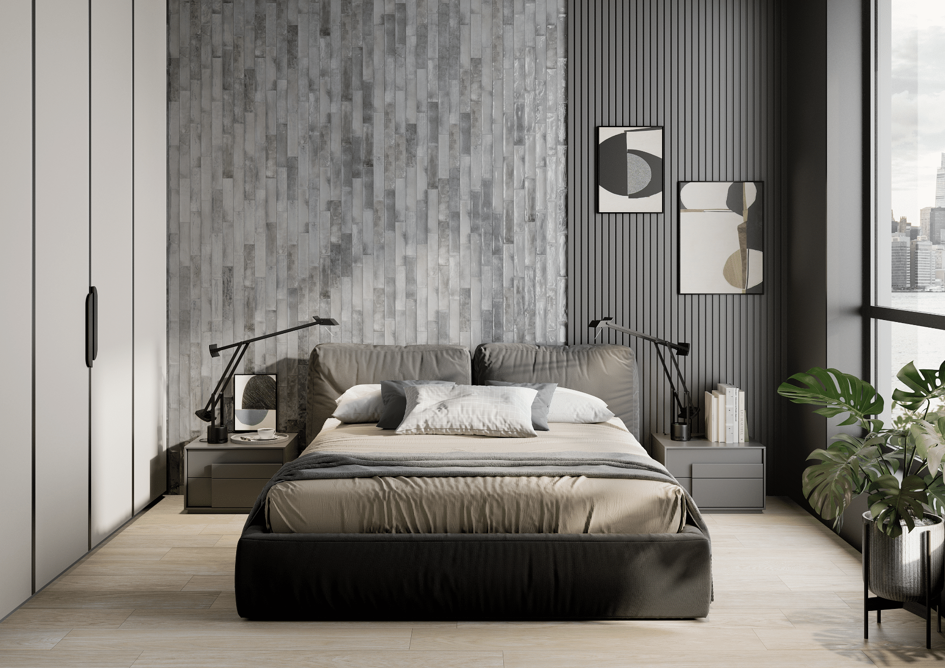 Fliesendorf zeigt ein Schlafzimmer mit dekorativen Wandfliesen in grau, einem Doppelbett und Holzboden mit Aussicht auf die Hochhäuser der Stadt.