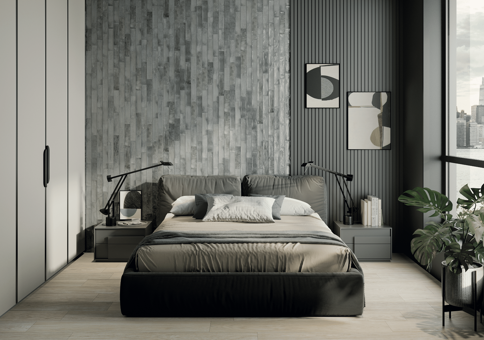Fliesendorf zeigt ein modernes Schlafzimmer mit textilem Doppelbett vor einer gefliesten Wand mit kleinen, rechteckigen Fliesen in verschiedenen Grautönen und einem Holzboden.