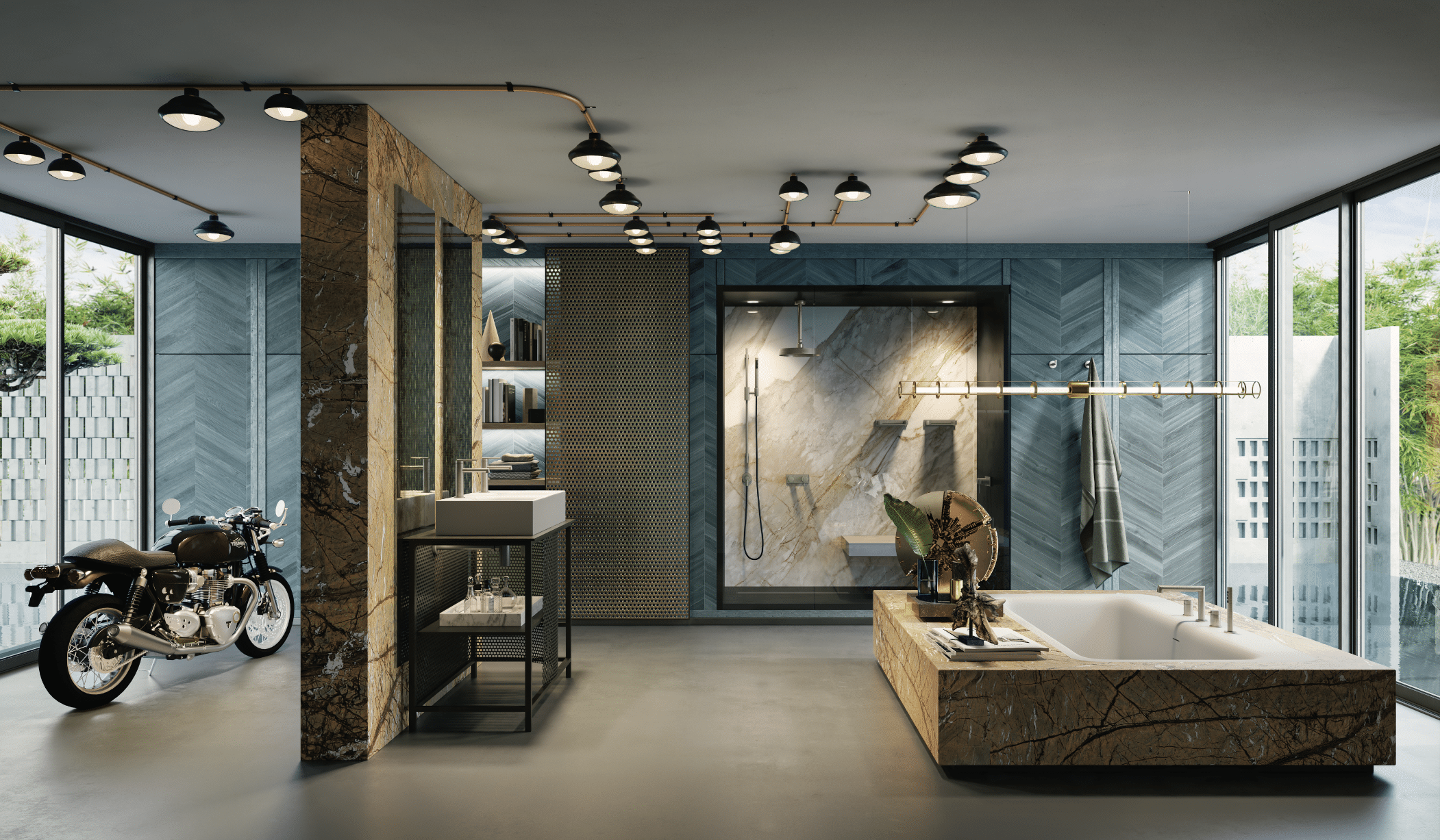 Modernes Badezimmer mit Badewanne, Dusche, Waschtisch und Armaturen in Gold matt von GESSI.