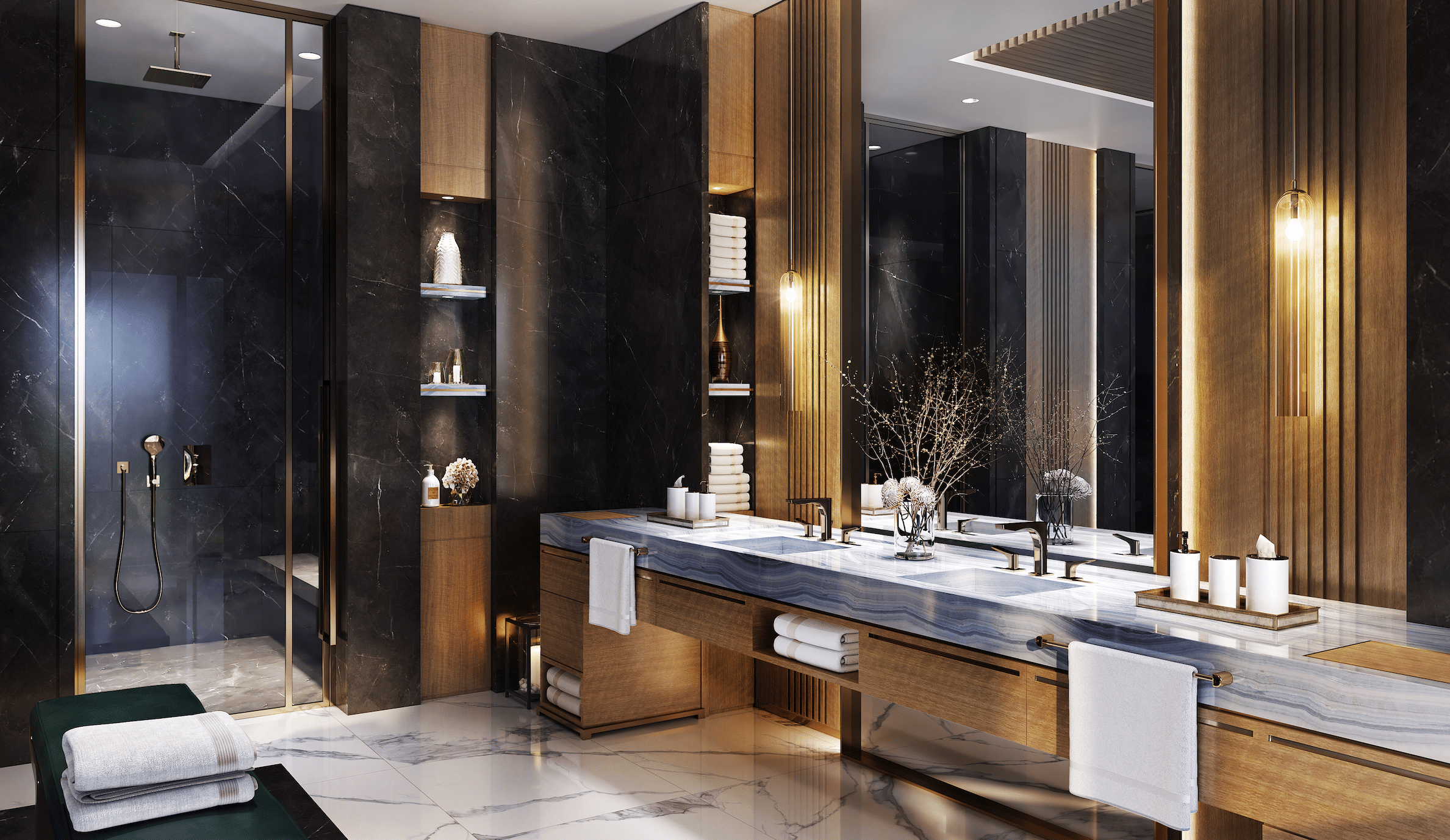 GESSI zeigt ein edles Badezimmer in dunklen Tönen, Holzwaschtisch und marmoriertem Fliesenboden mit ebenerdiger Dusche und goldenen Armaturen.