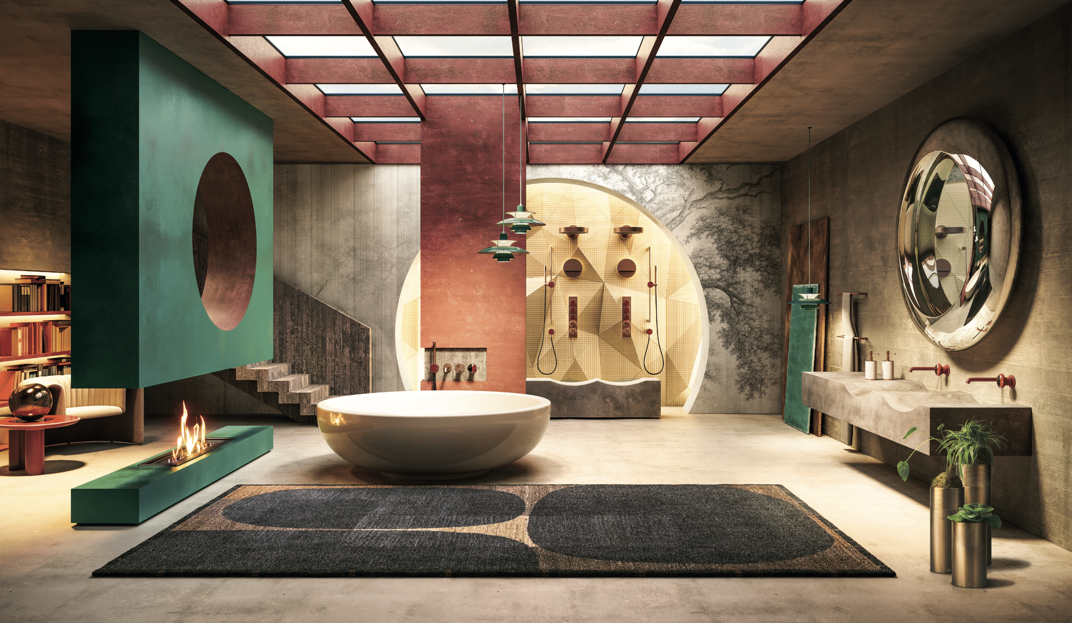 GESSI zeigt ein extravagantes Badezimmer mit freistehender, runder Badewanne, einem grünen Kamin und großem, freiliegendem Teppich mit Muster.