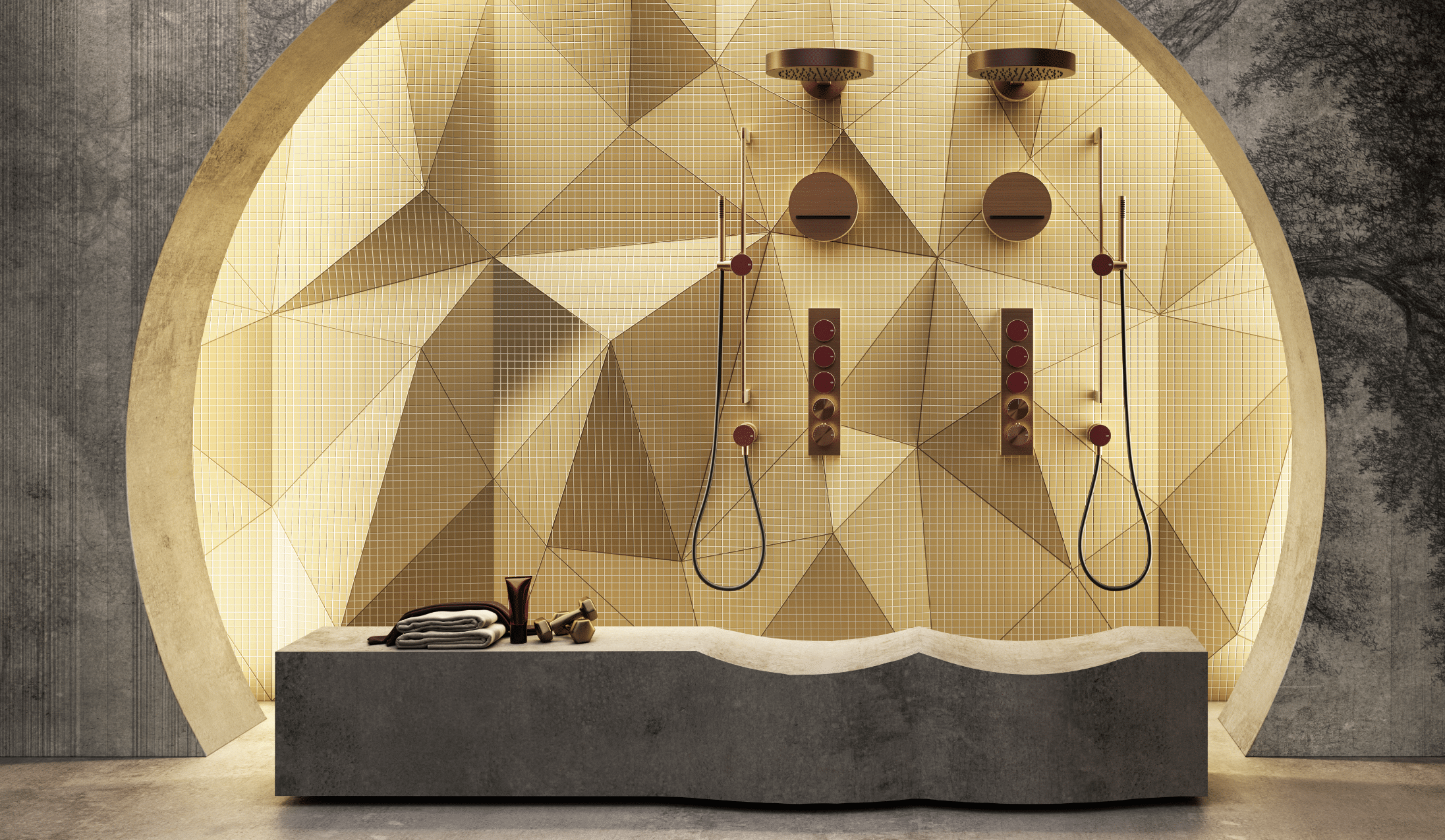 GESSI zeigt eine Dusche mit goldener, gefliester Rückwand und goldenen Armaturen, Temperatur- und Strahlreglern und mit einer Sitzbank aus grauem Stein.