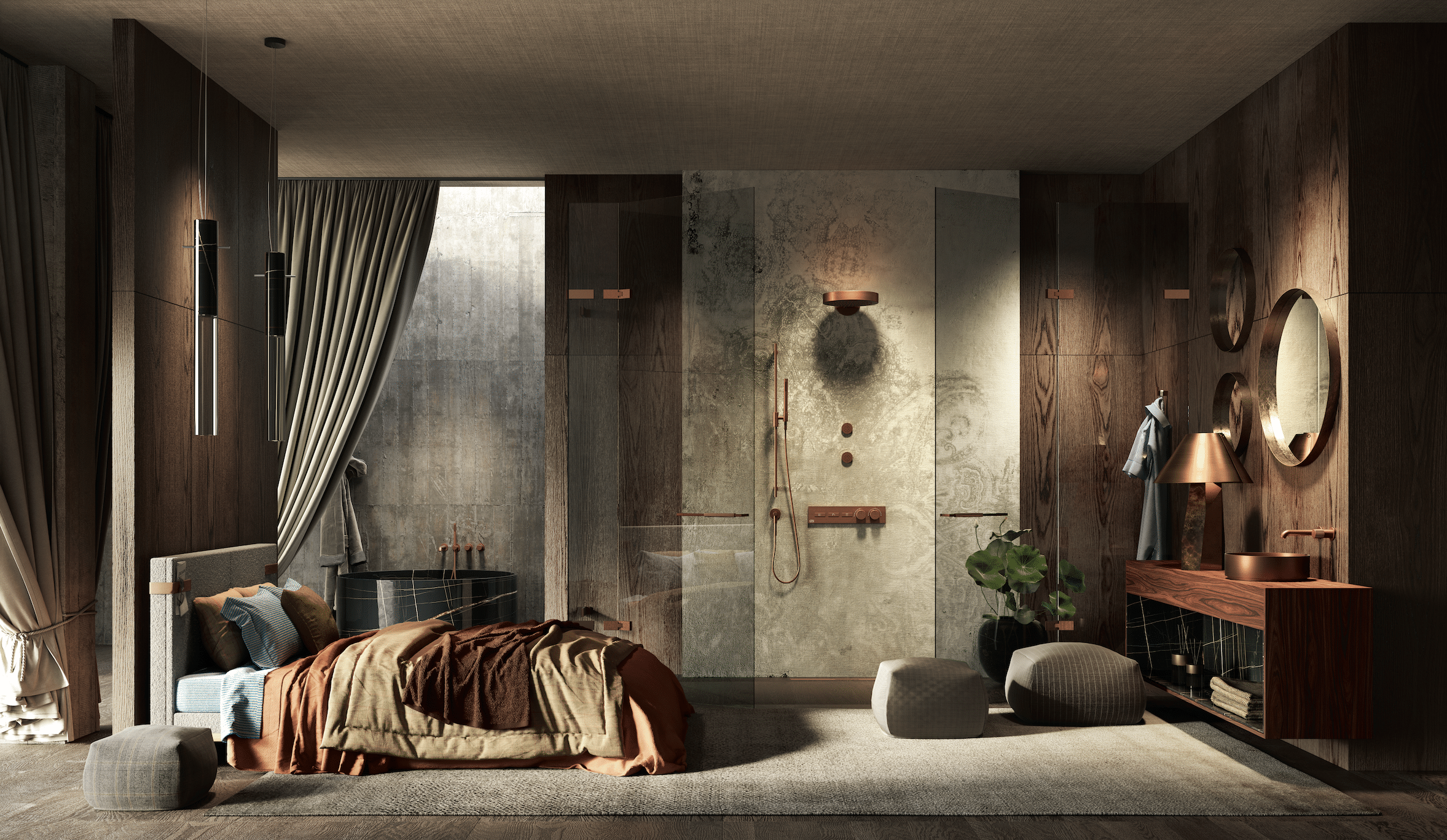 GESSI zeigt ein Schlafzimmer mit angrenzendem Bad mit ebenerdiger Dusche und einem Waschtisch aus Holz und einem runden Waschbecken mit kupferfarbenen Armaturen.