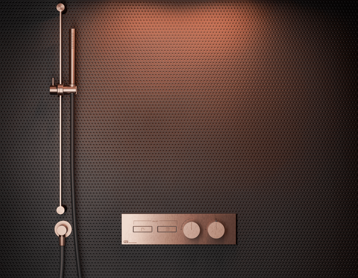 GESSI zeigt die bronze farbige Armatur einer Dusche an einer schwarzen Wand mit rotem Licht.