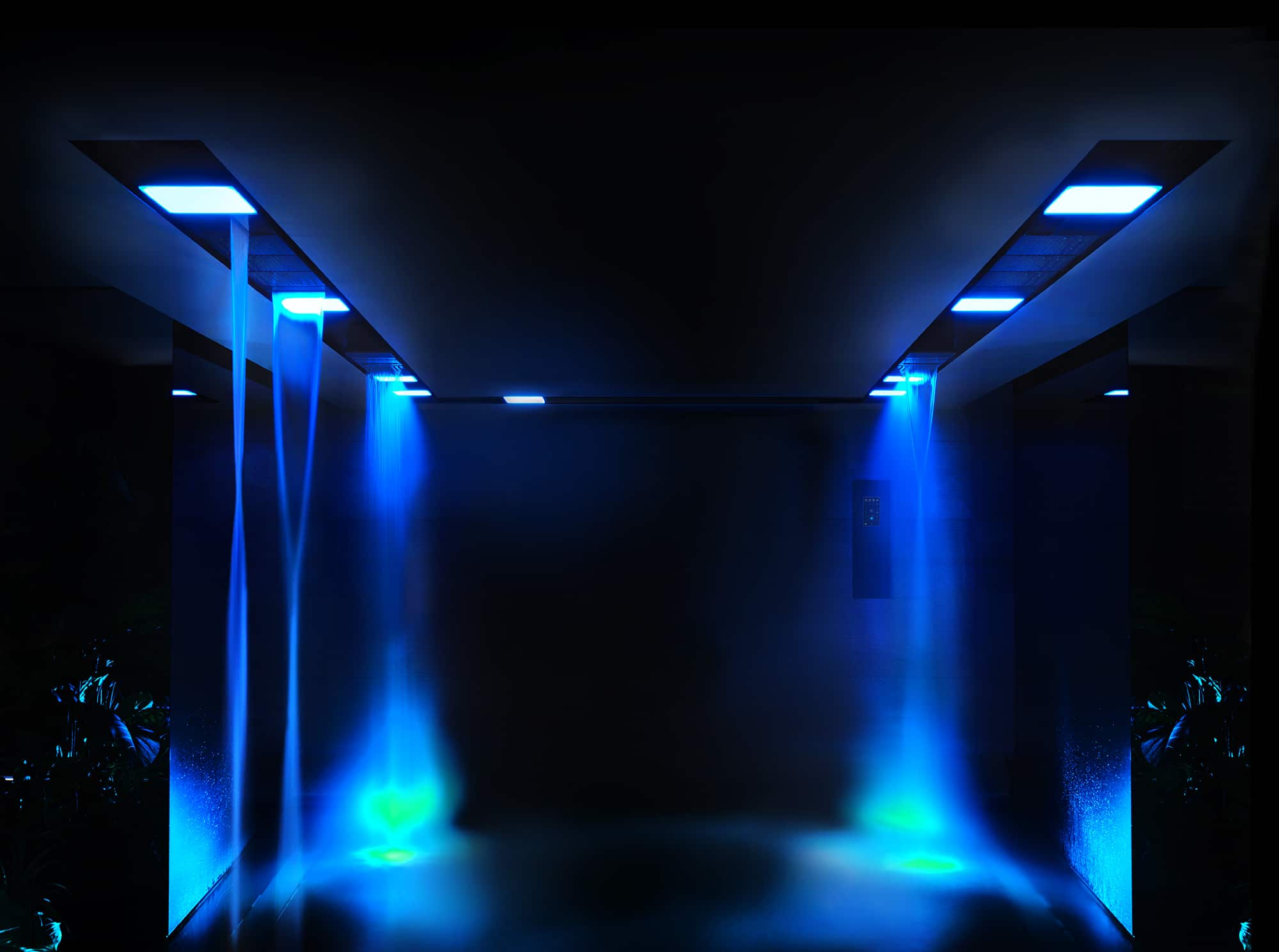 Große Dusche mit diversen Strahlarten und effektvoller Beleuchtung im System Binario von GESSI.