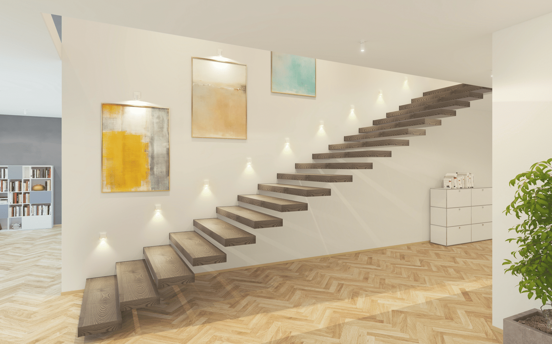 Moderne, schwebende Holztreppen mit direkter Treppen-Beleuchtung der Firma Gira, in einem Wohnhaus mit Fischgret-Boden.