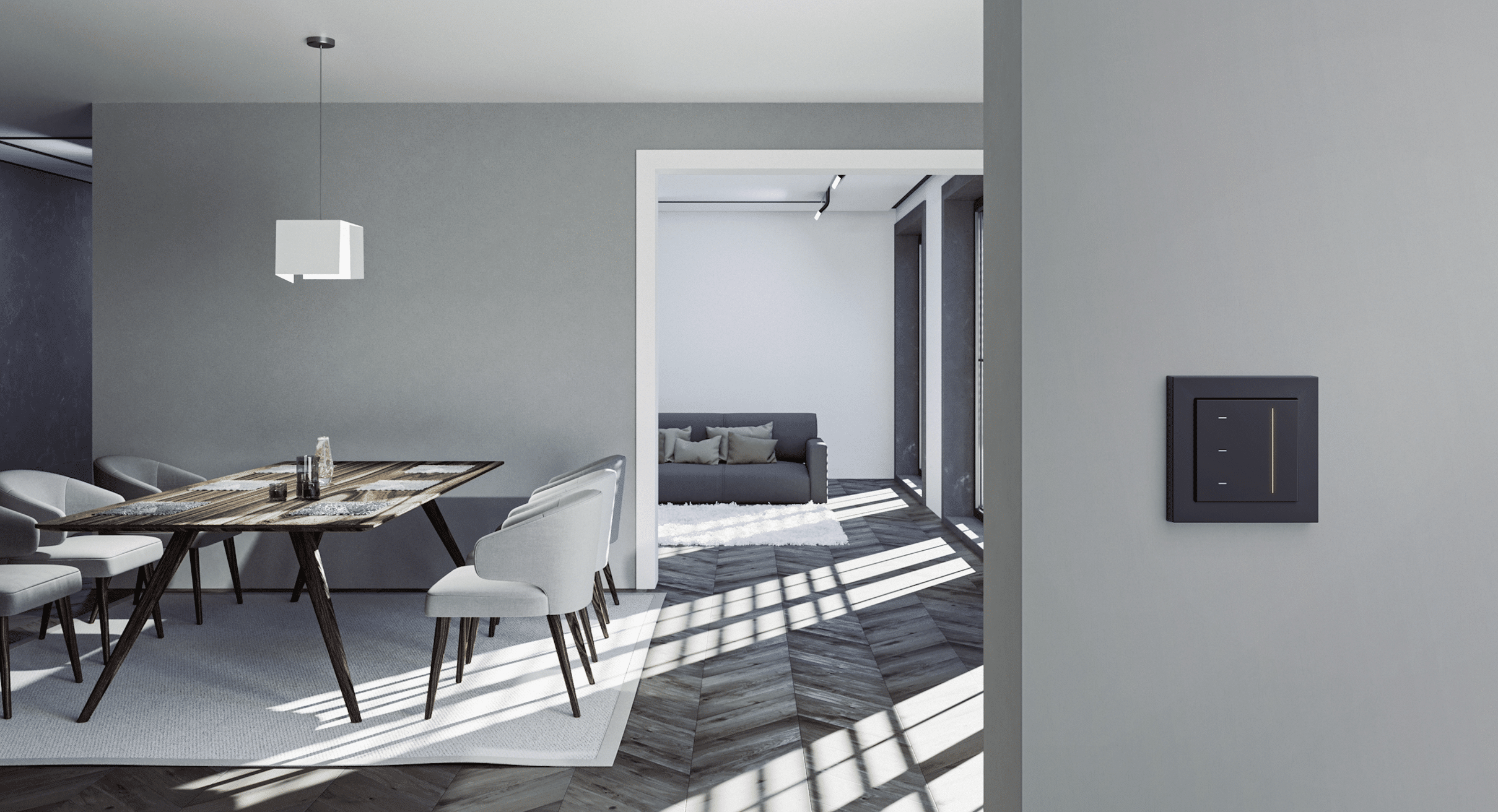 Gira zeigt ein Esszimmer und Wohnzimmer mit smarter Licht- und Jalousieneinstellungslösung in schwarz.