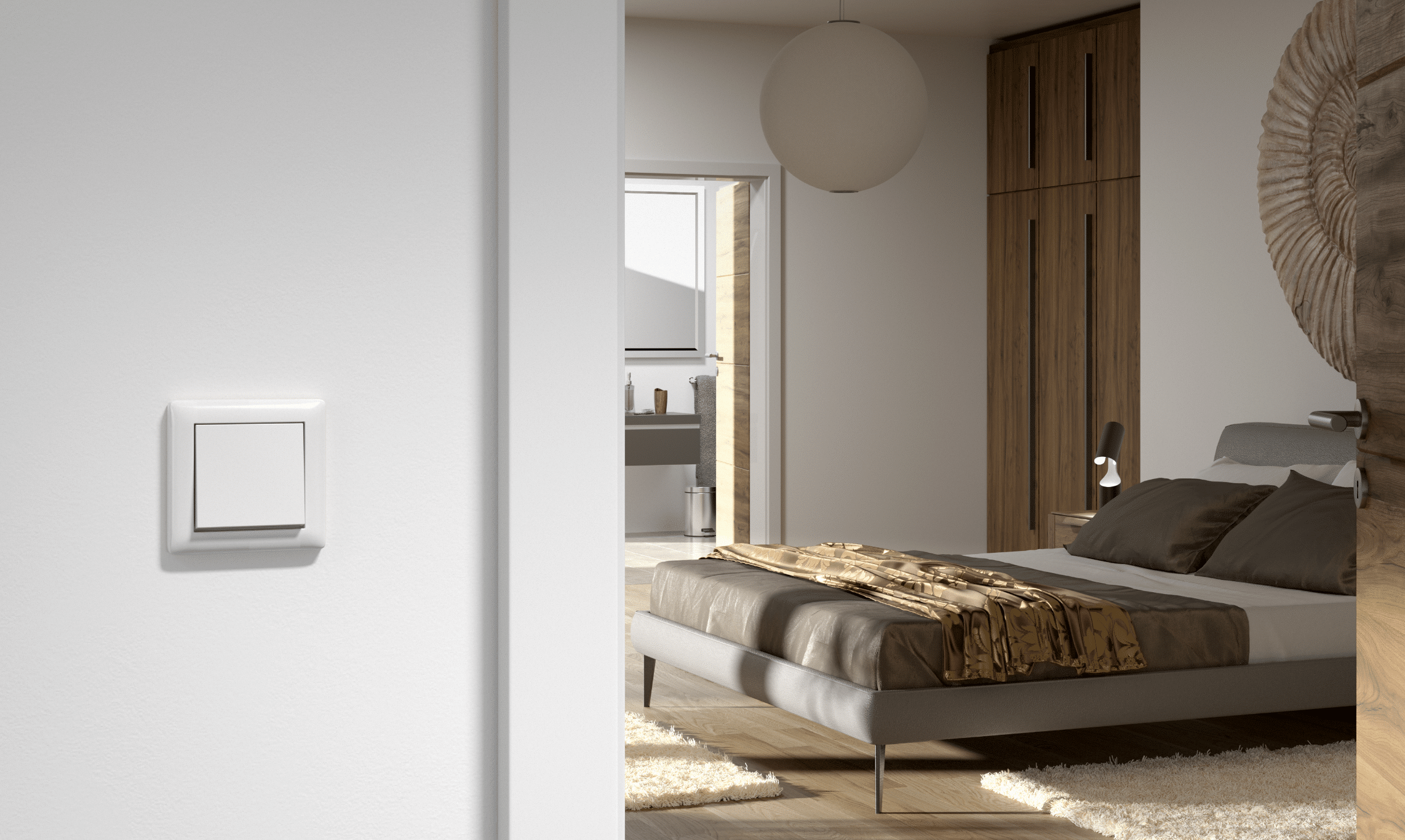 Gira zeigt einen weissen Wipptaster an einer Wand zum Schlafzimmer mit grauem Doppelbett, weissen hochflorigen Teppichen und einem Kleiderschrank aus Holz.