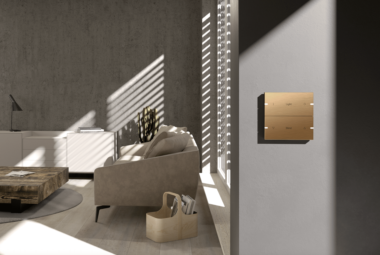 Gira zeit einen bronzefarbenen Touchschalter für ein Wohnzimmer mit einer Couch in Naturtönen, Holzboden und einem runden, freiliegenden Teppich mit Beistelltisch.