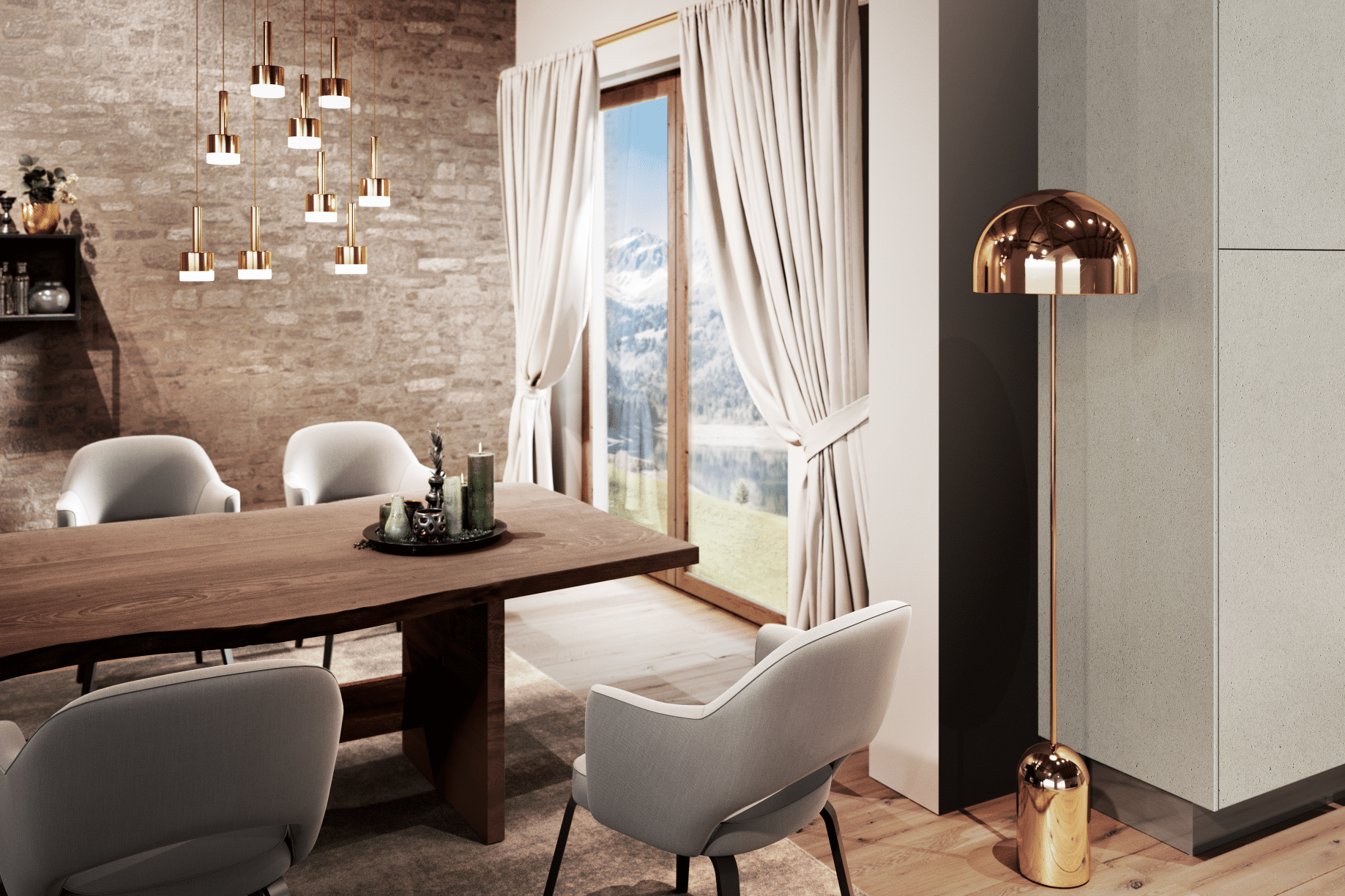 Elegantes Esszimmer mit einem dunklen Holztisch und weißen Ledersesseln von Häcker Küchen, erhältlich bei WOHNHAUS Grill & Ronacher.