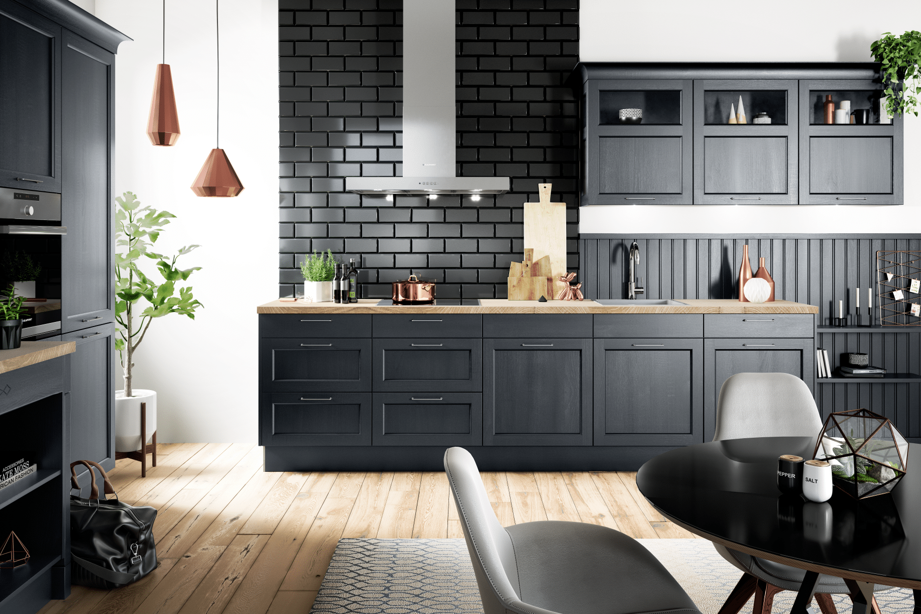 Offene Wohnküche im Landhaus-Stil modern interpretiert, mit schwarzen Fronten, von Häcker Küchen, erhältlich im WOHNHAUS Grill & Ronacher.