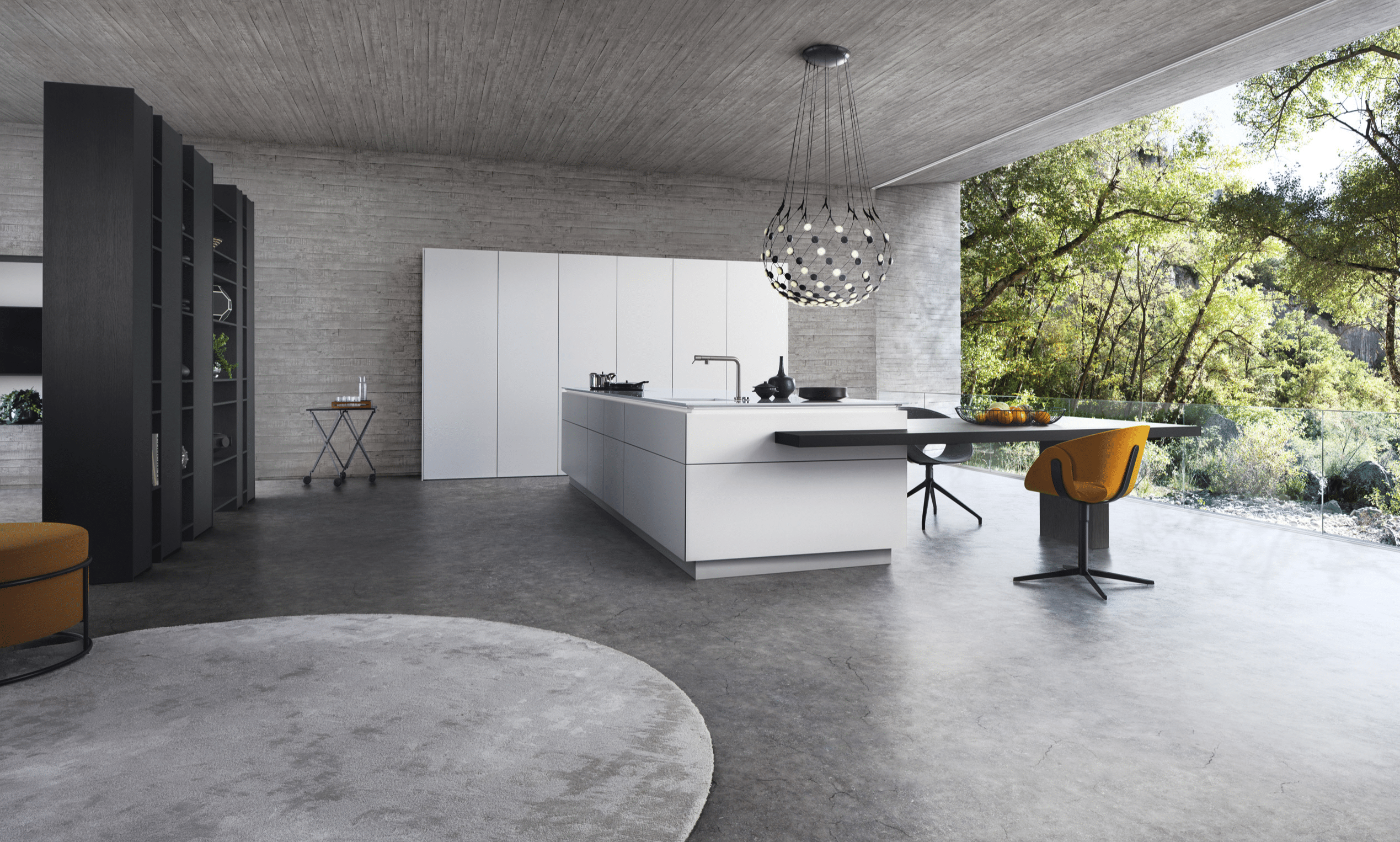 WOHNHAUS Grill & Ronacher zeigt einen offenen Wohnraum mit einer modernen, grifflosen Inselküche LEICHT Küchen in Weiß mit kombiniertem Barbereich und Hocker.