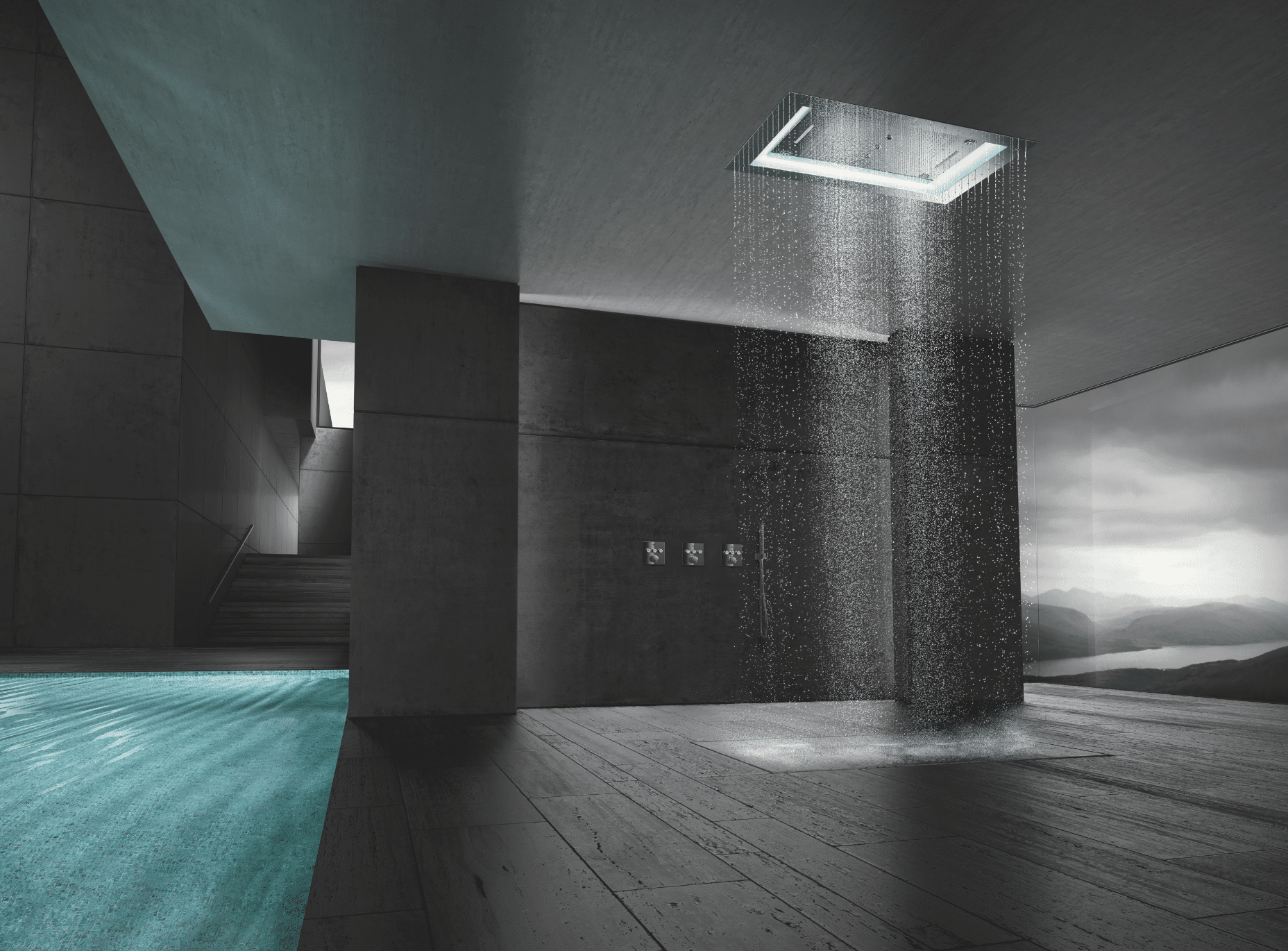 Grohe zeigt eine schwarze Wellnessoase mit Regendusche, türkisem Wasser im Pool und Treppenaufgang.