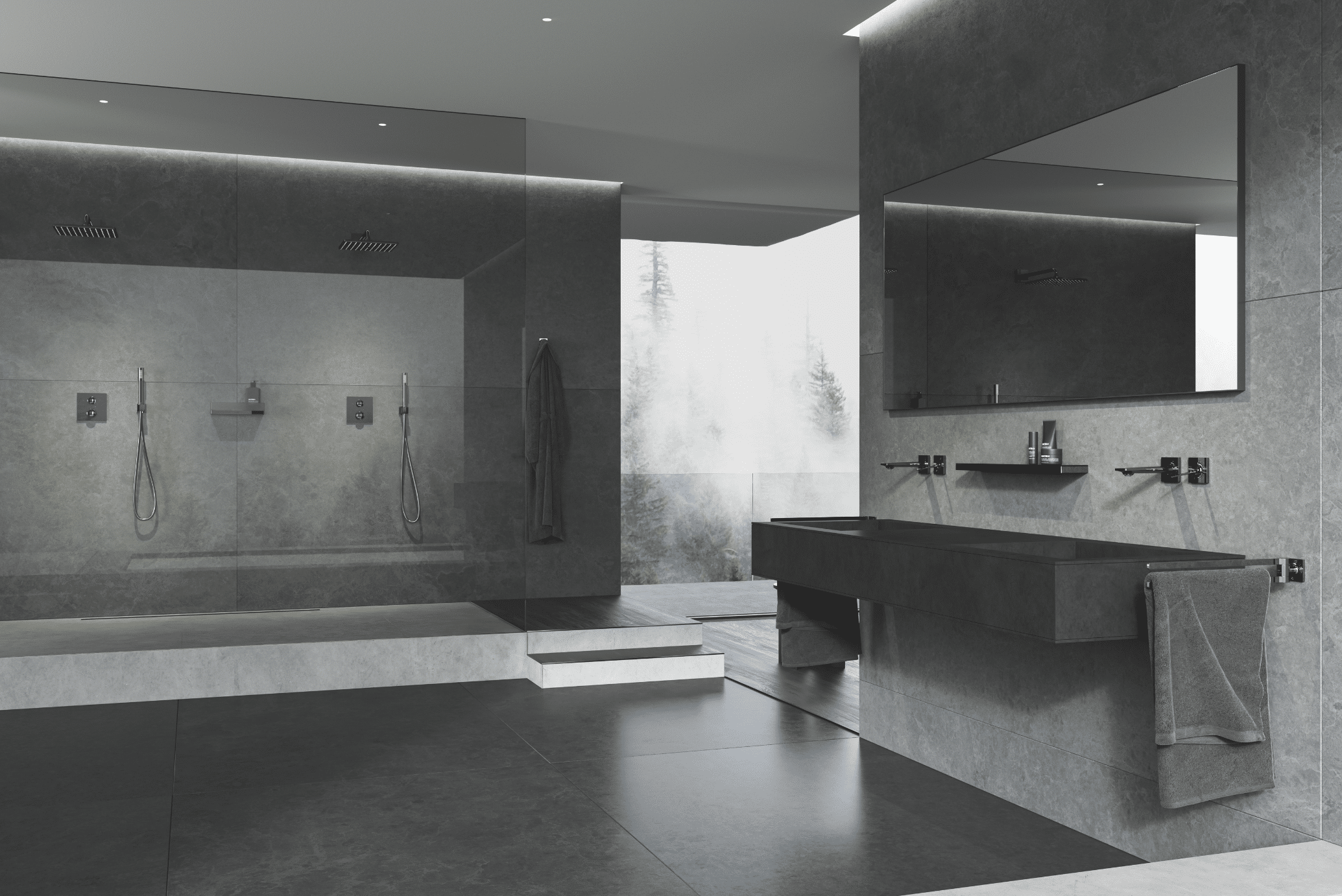 Grohe zeigt ein dunkelgrau gefliestes Badezimmer mit einem Doppelwaschtisch, rechteckigem Spiegel und gefliesten Stufen mit Zugang zu einer Doppeldusche.
