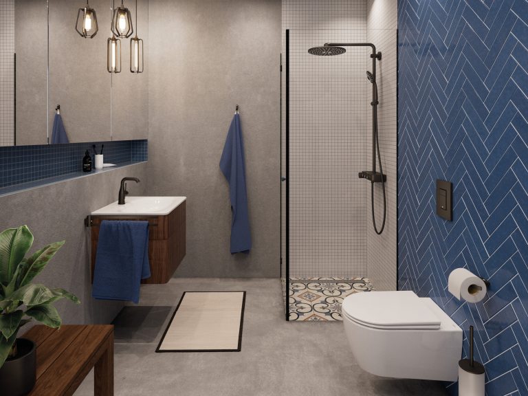 Badezimmer mit mattschwarzen Armaturen von Grohe mit Regendusche und Glastrennwand, weißem Waschbecken mit Holzunterbau und blauen Fliesen.